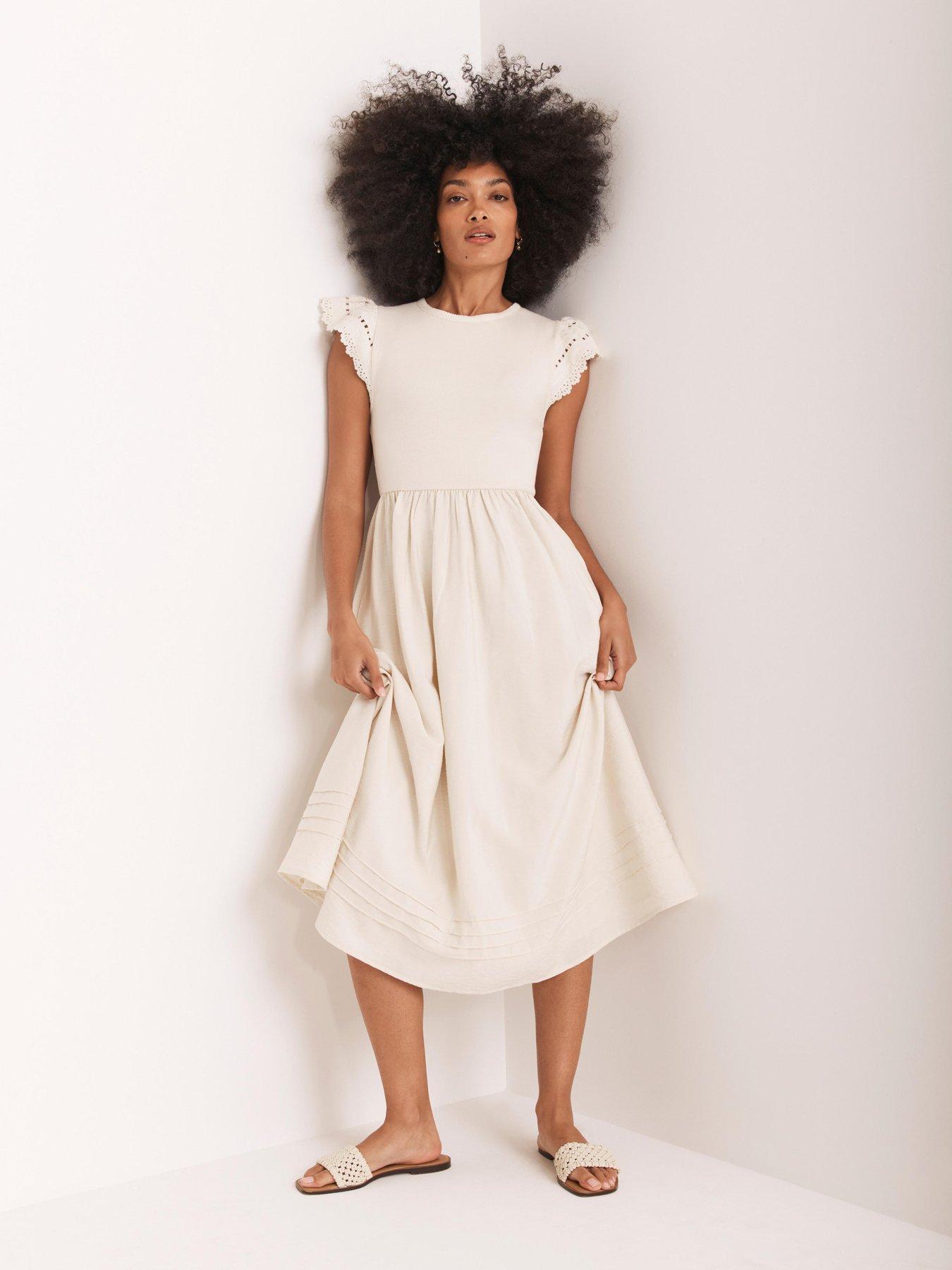 Image 2 of 6 of Mint Velvet Crochet Trim Woven Mix Dress - Beige