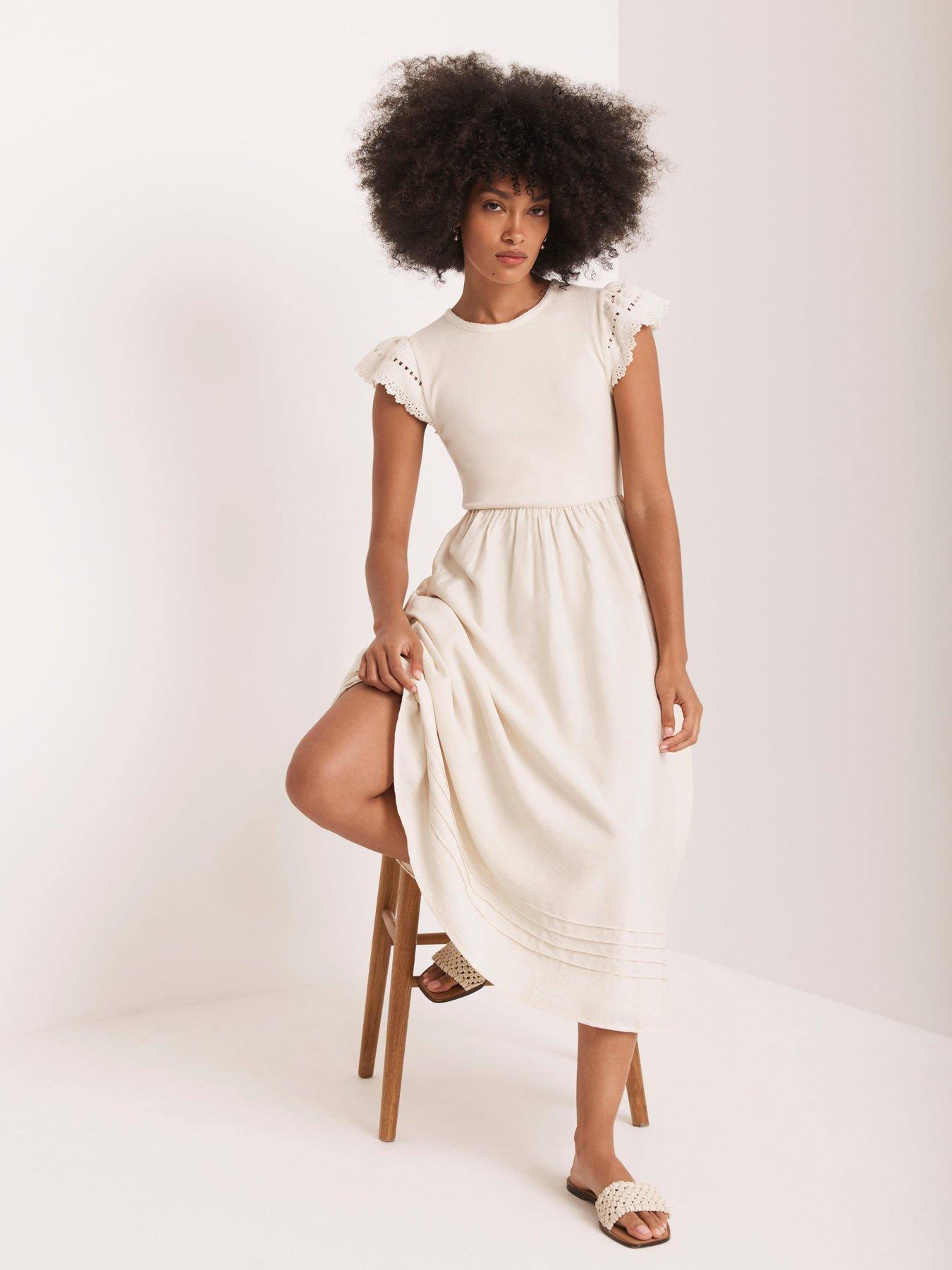 Image 3 of 6 of Mint Velvet Crochet Trim Woven Mix Dress - Beige