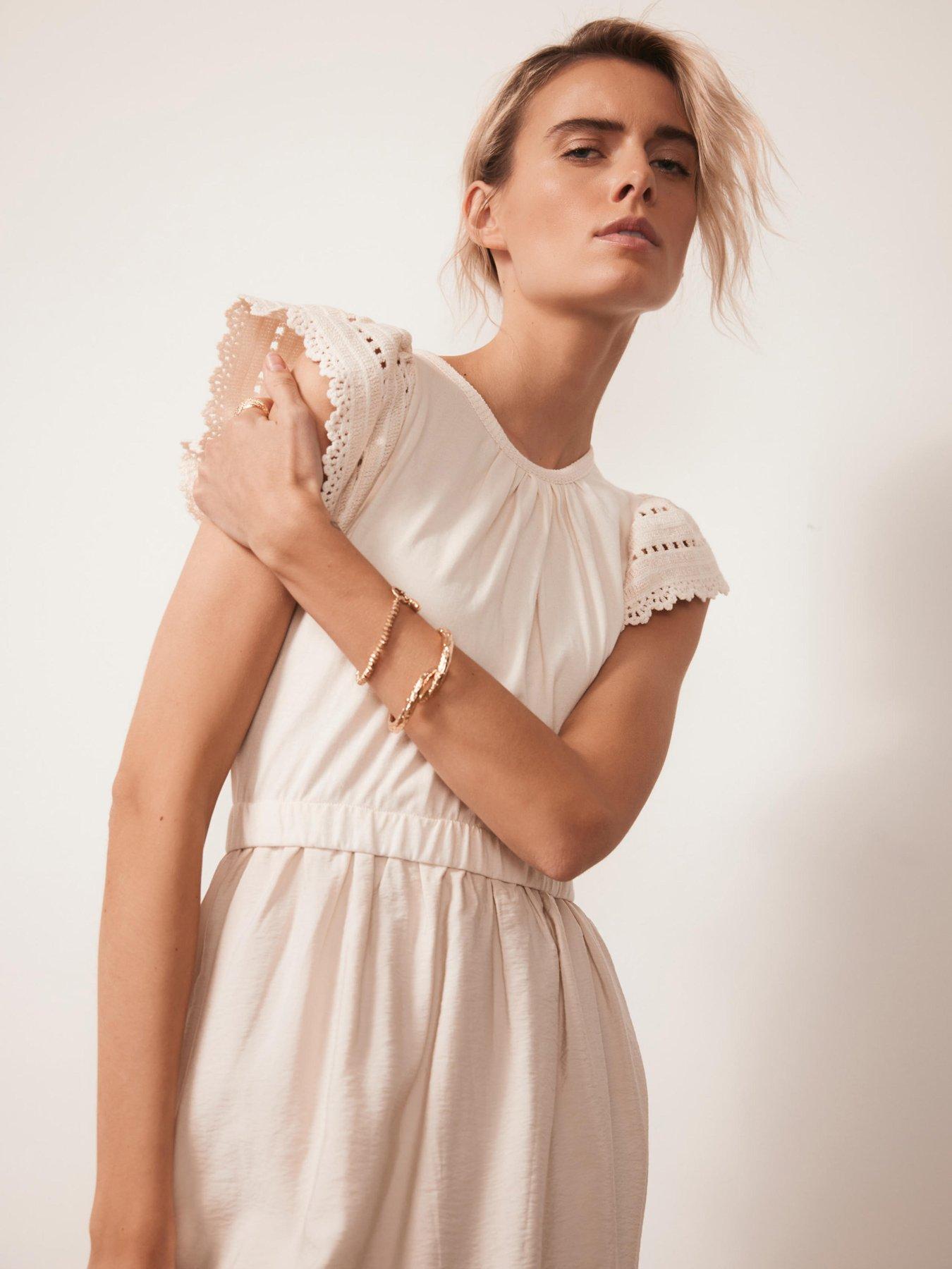 Image 4 of 6 of Mint Velvet Crochet Trim Woven Mix Dress - Beige