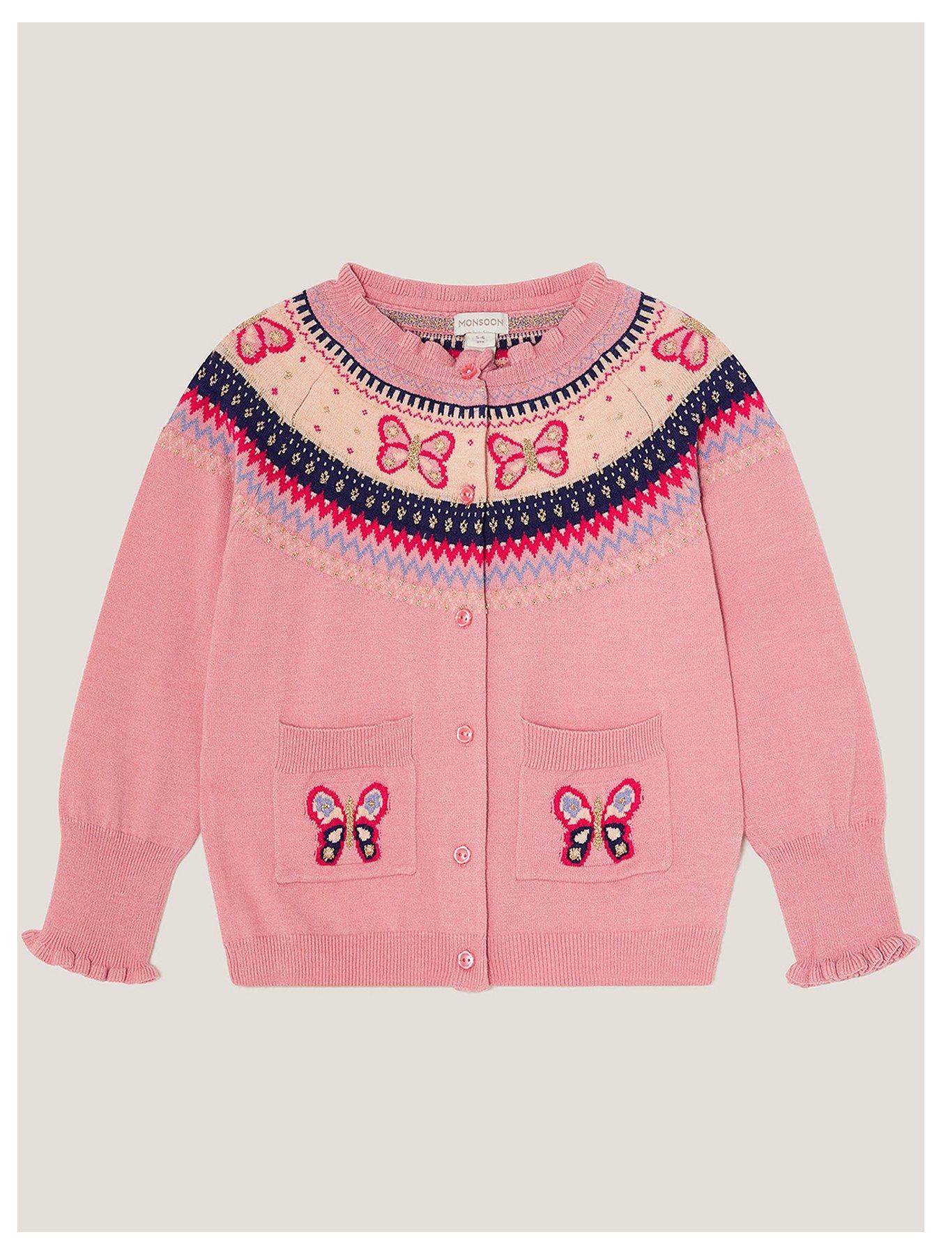 undefined Girls Butterfly Fairisle Cardigan - Pink