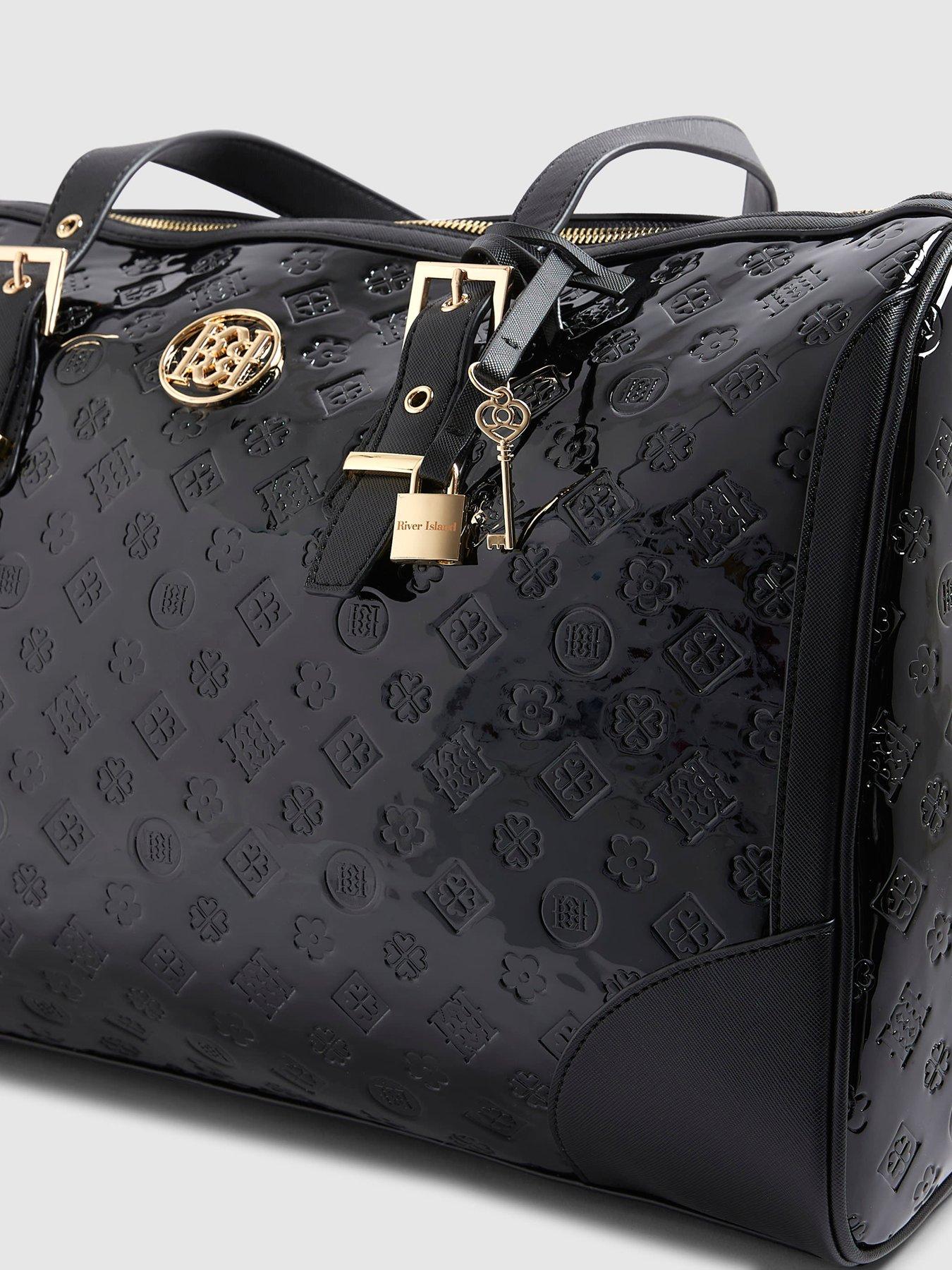 Image 6 of 6 of River Island Patent Monogram Charm Holdall - Black