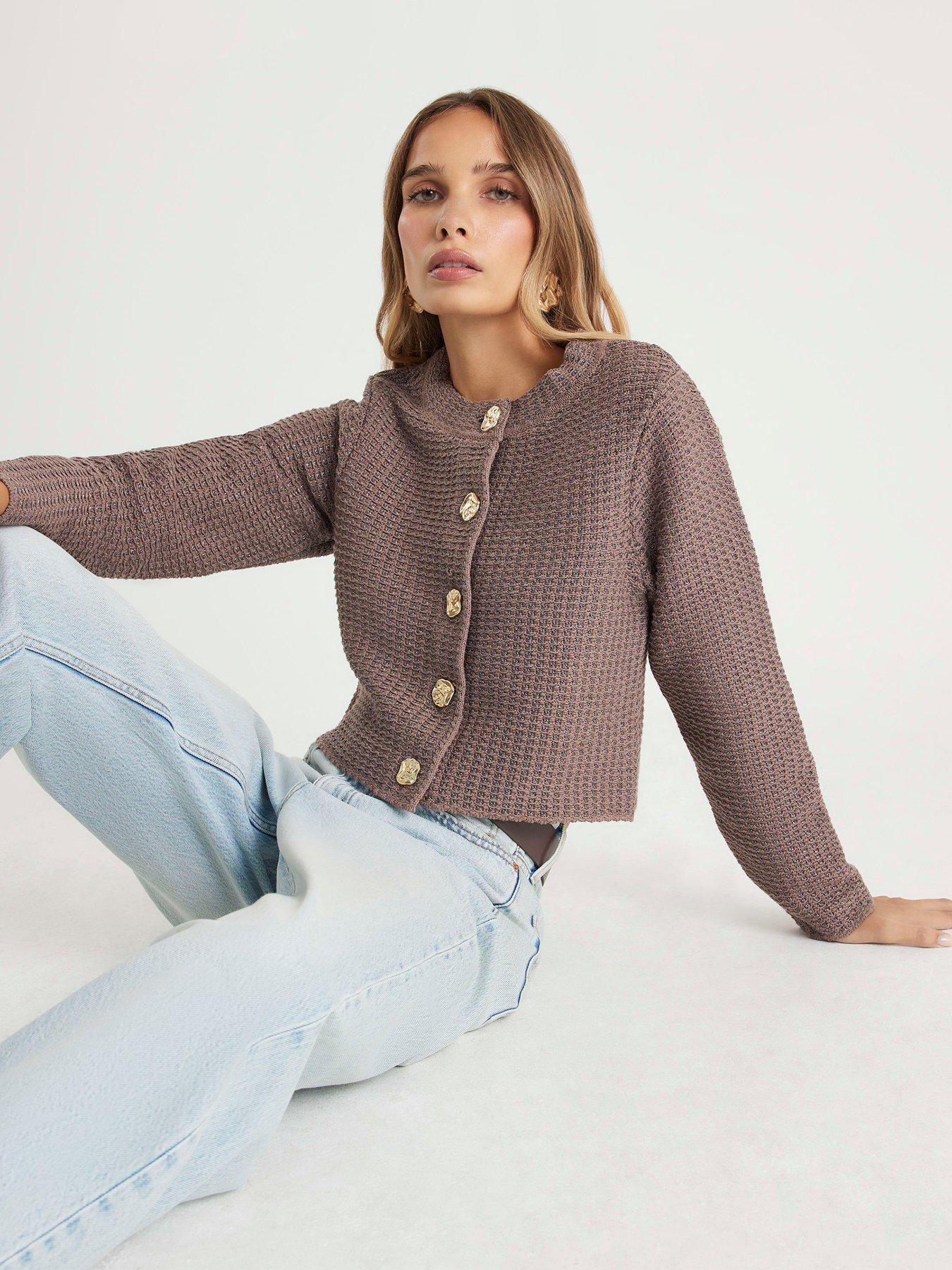 front image of river-island-tape-yarn-long-sleeve-cardi-beige