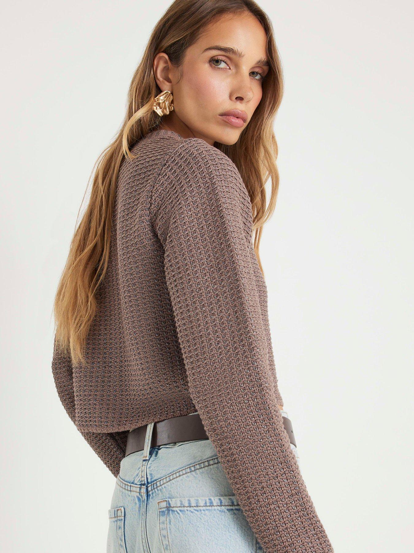 stillFront image of river-island-tape-yarn-long-sleeve-cardi-beige
