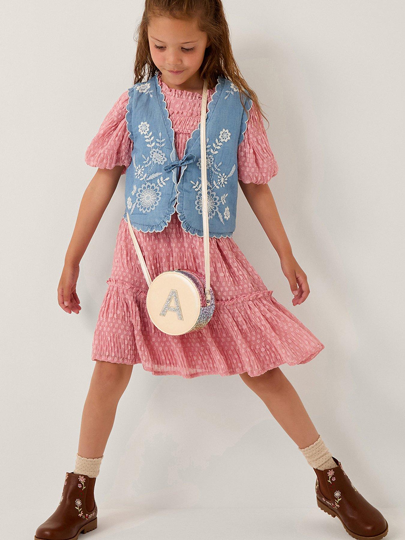 undefined Girls Chambray Bow Embroidered Waistcoat - Blue