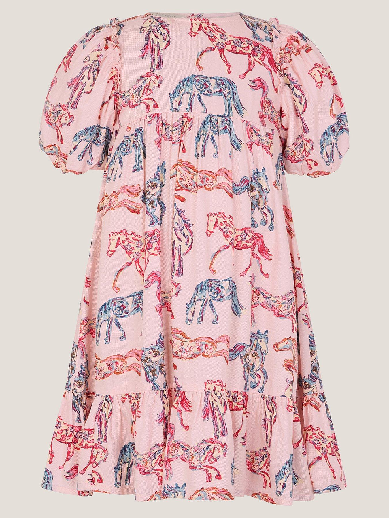 Image 2 of 4 of Monsoon Girls Viscose Horse Print Dress - Pink