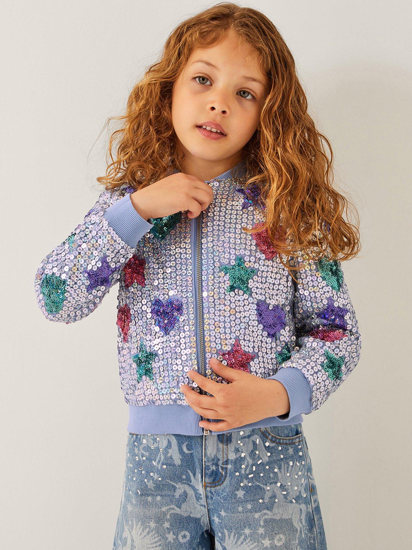 undefined Girls Star Heart Sequin Bomber Jacket - Blue
