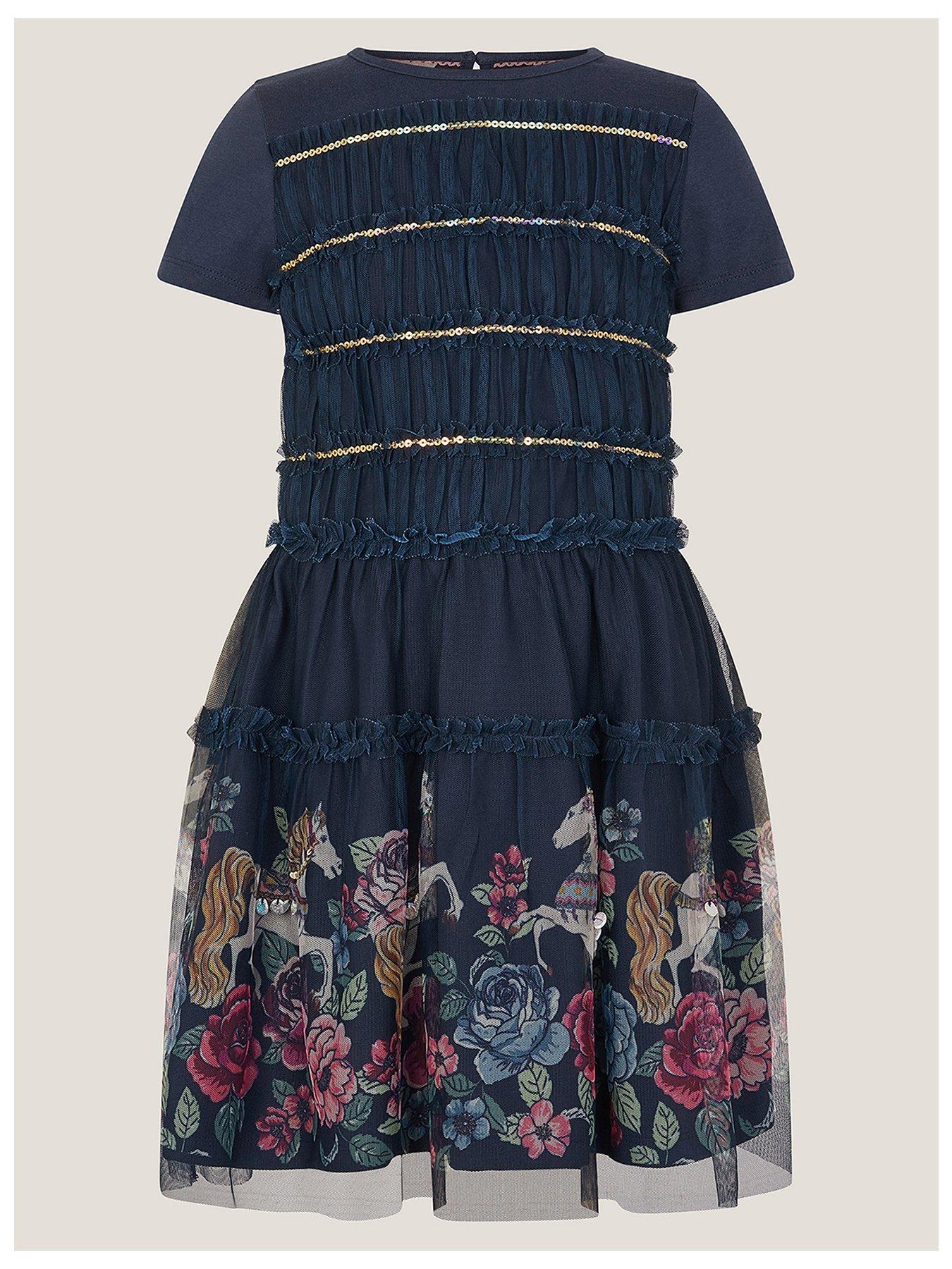 undefined Girls Unicorn Border Print Jersey Dress - Navy