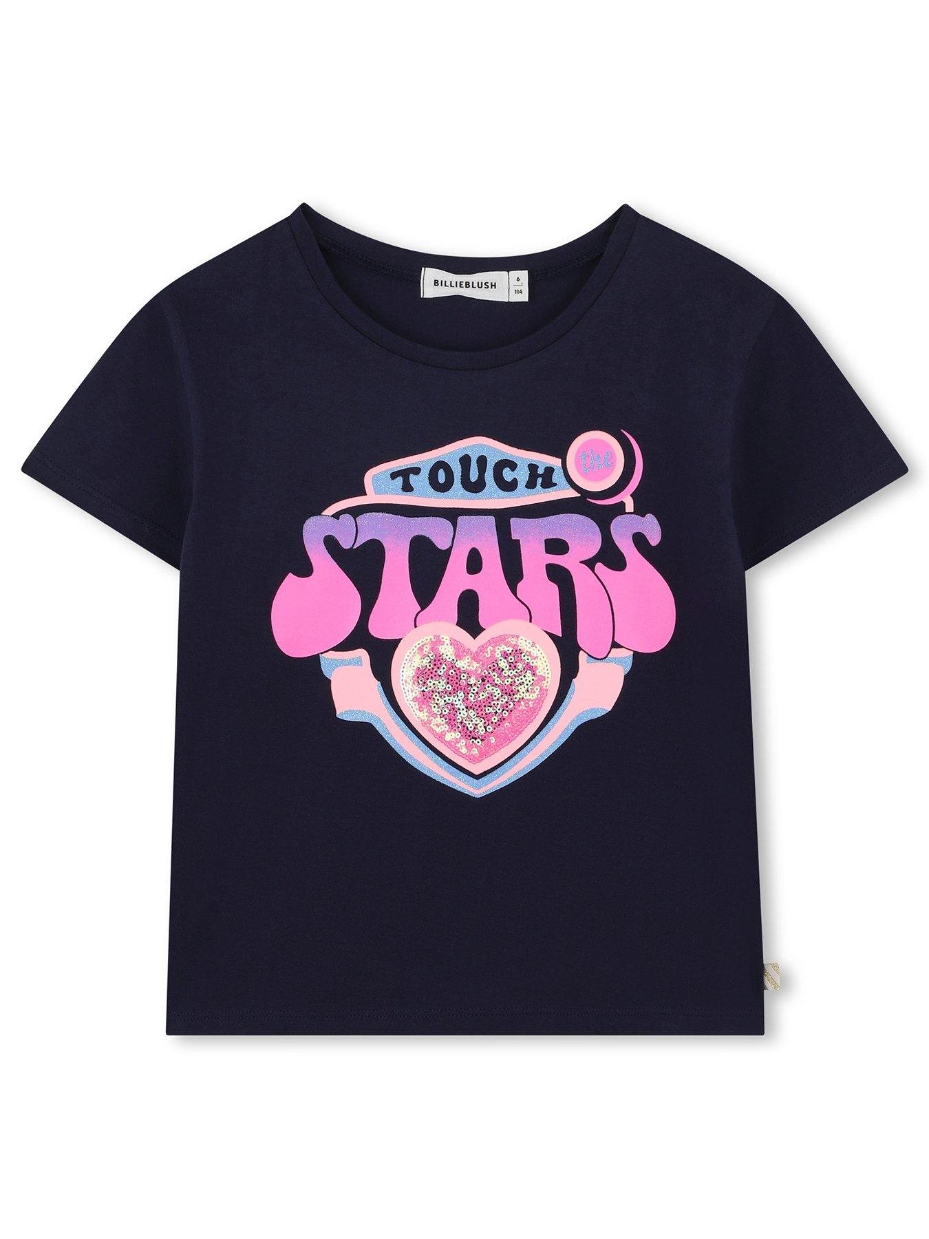 Billieblush Girls Sequin Trim Short Sleeve T-Shirt - Navy