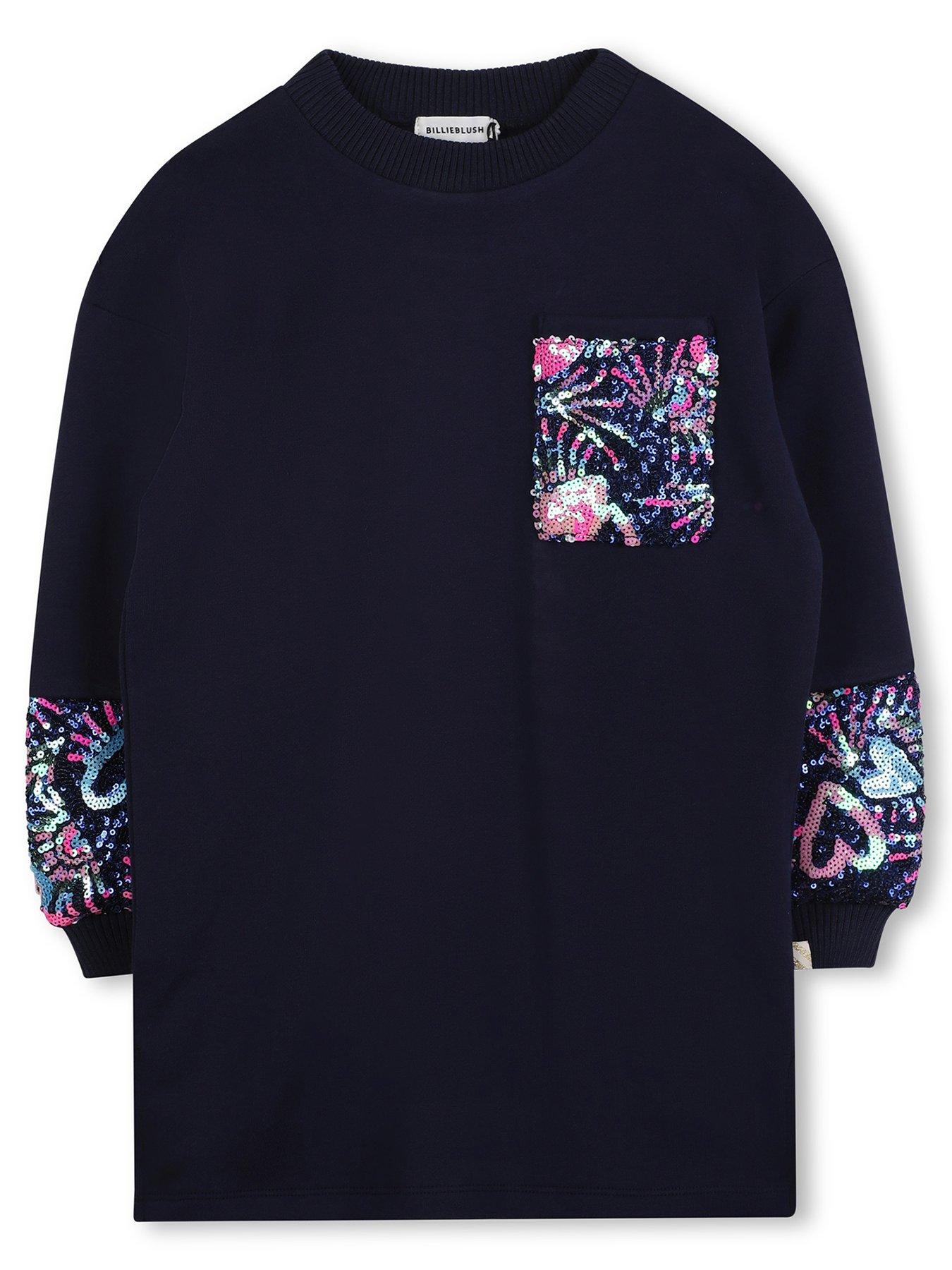 Image 1 of 3 of Billieblush Girls Sequin Trim Sweat Dress - Navy