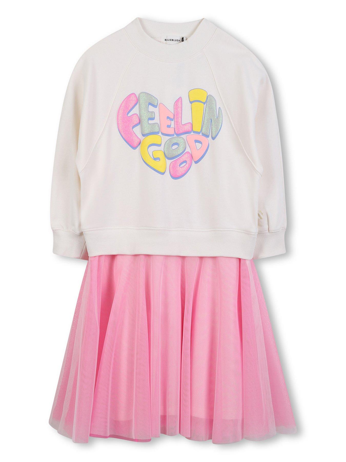 Image 1 of 3 of Billieblush Girls Sweat Top And Mesh Skirt Dress - Light Cream