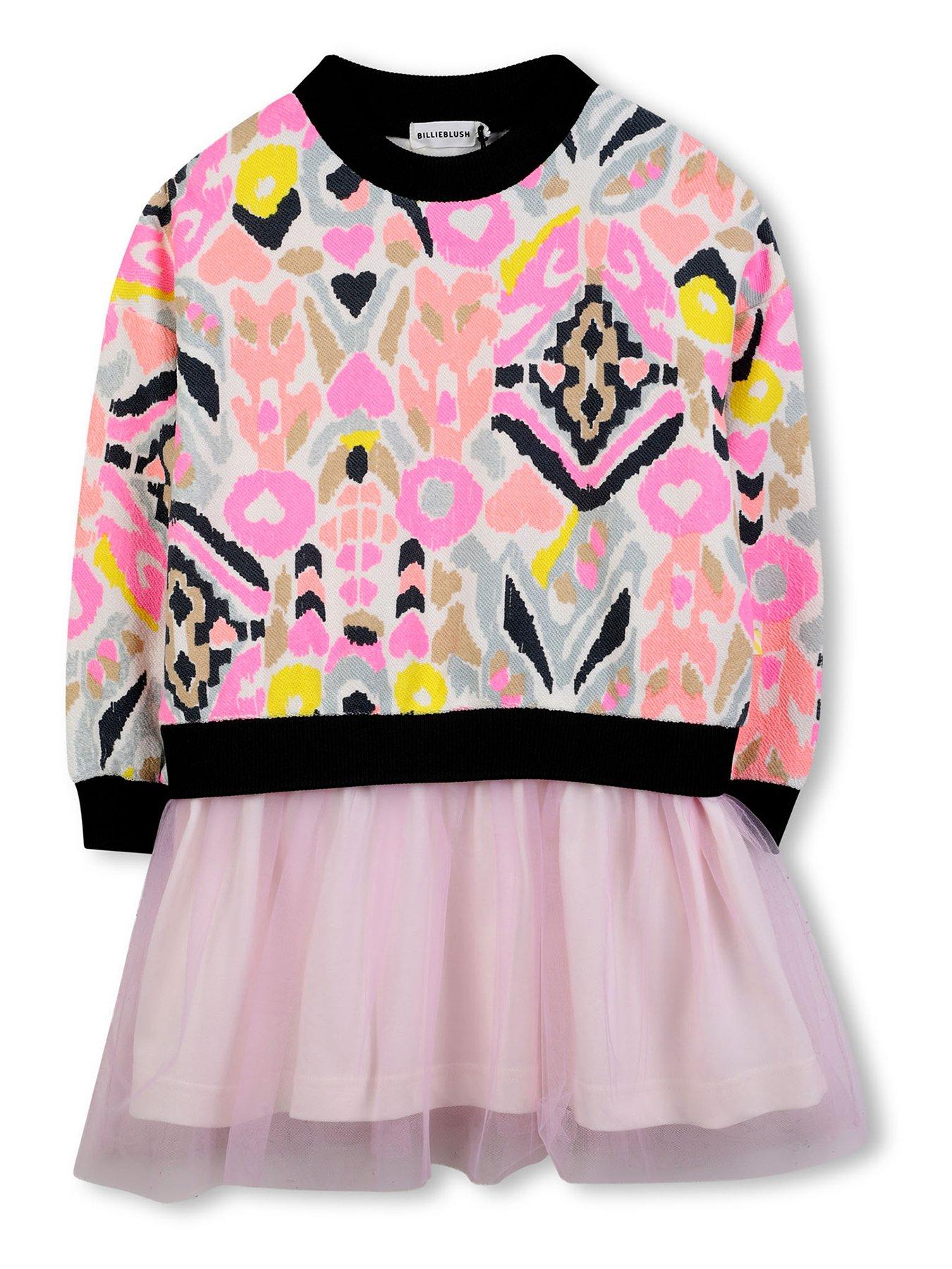 Billieblush Girls Print Sweat Top And Mesh Skirt Dress - Pink