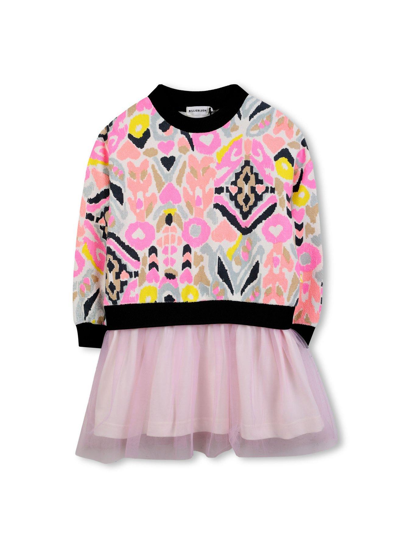 Billieblush Girls Print Sweat Top And Mesh Skirt Dress - Pink