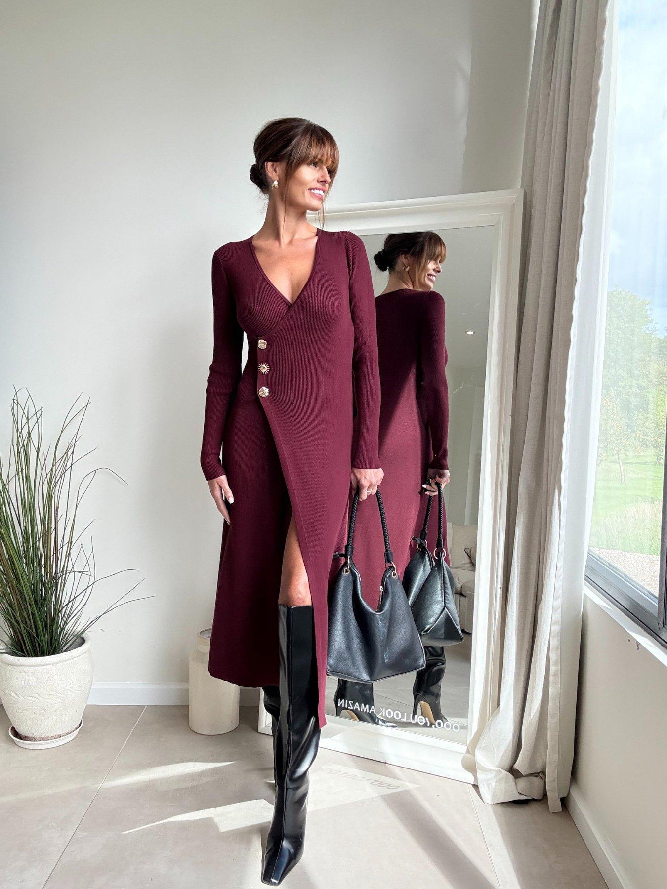 Style Cheat Mix Button Wrap Midi Knitted Dress - Burgundy
