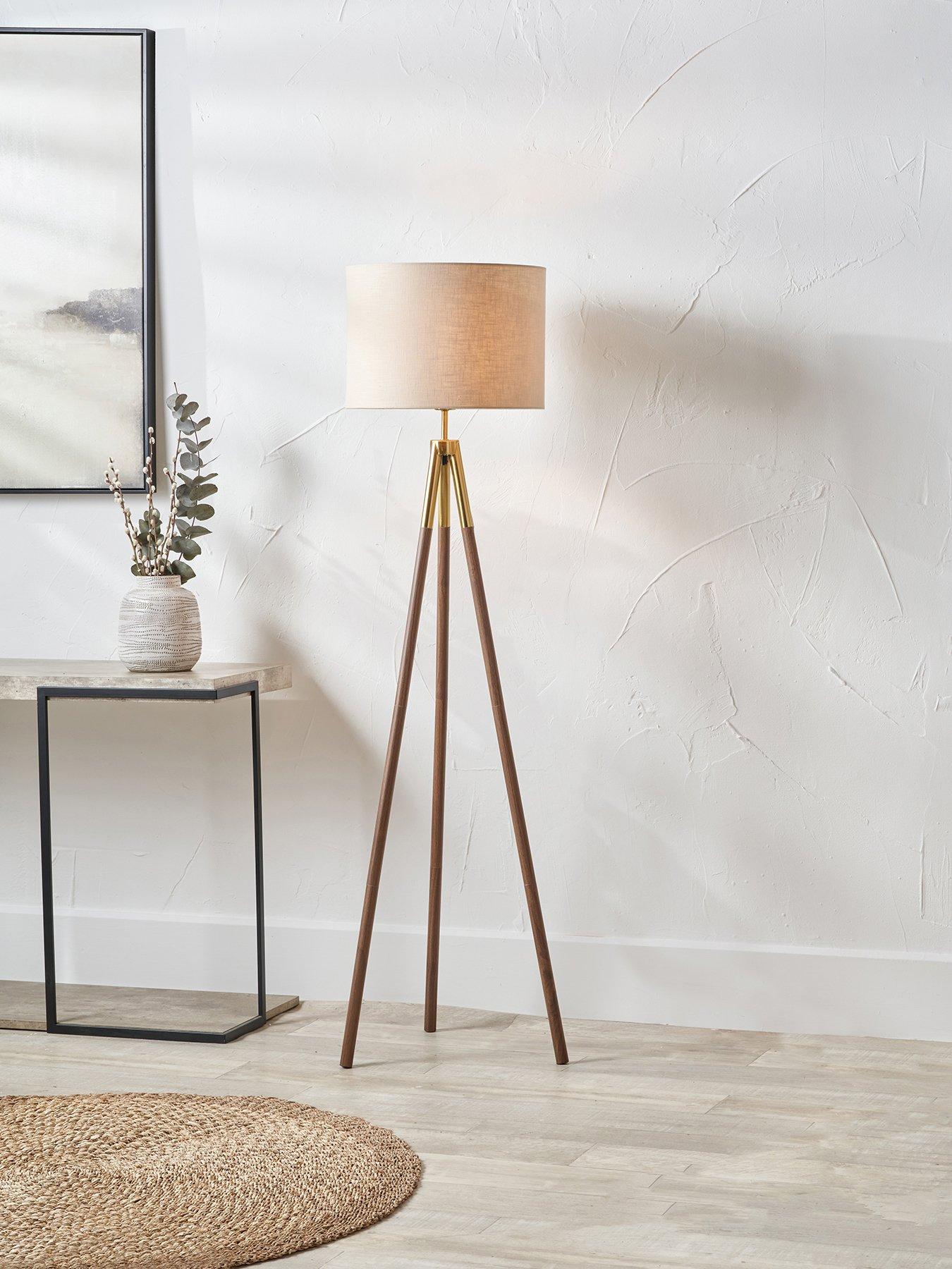 undefined Vali Gold Metal and Brown Wood Grain Tripod Floor Lamp