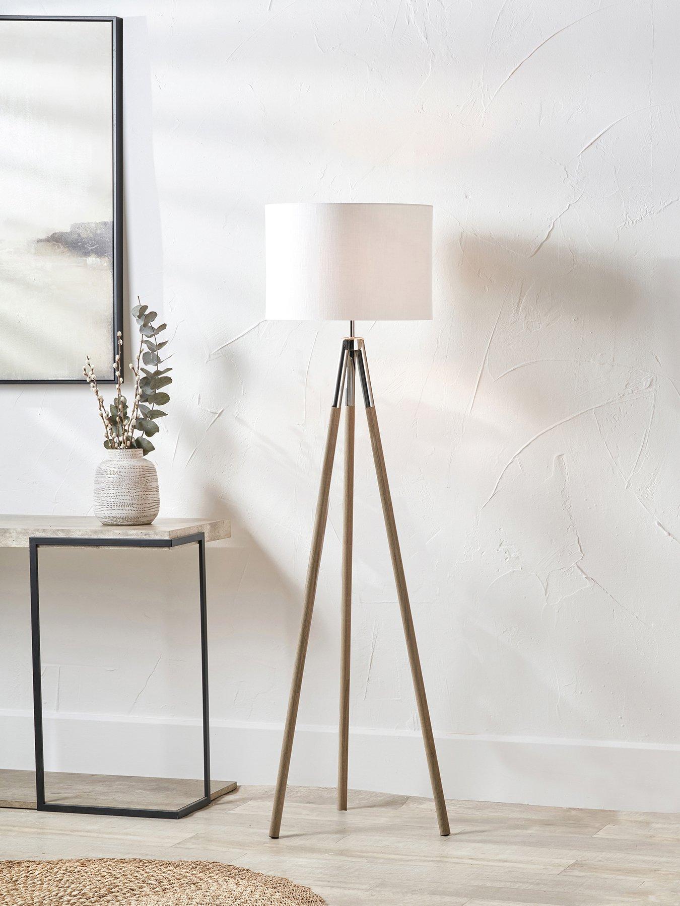 undefined Vali Silver Metal and Grey Wood Grain Tripod Floor Lamp