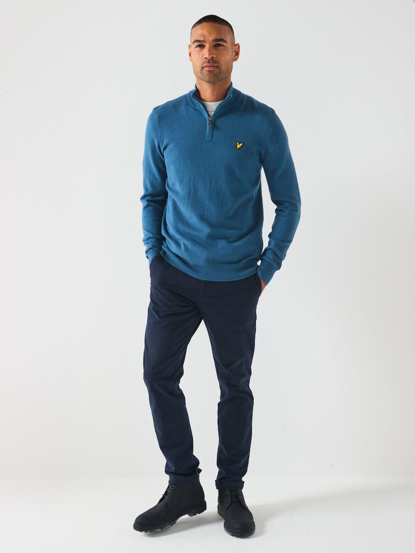  image of lyle-scott-cotton-merino-quarter-zip-jumper-blue
