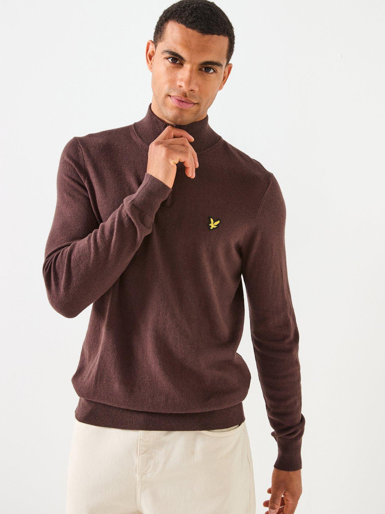  image of lyle-scott-cotton-merino-quarter-zip-jumper--brown