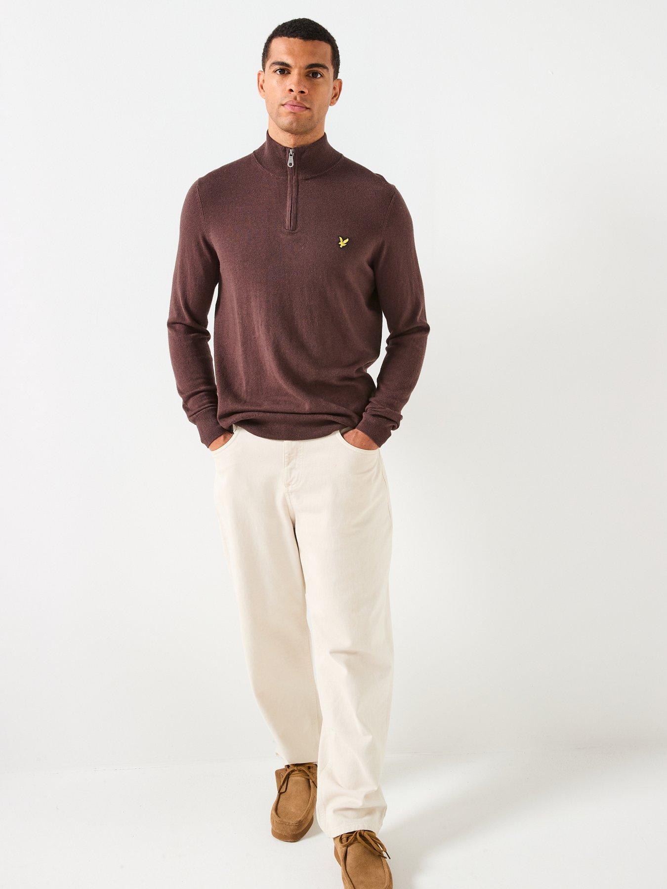  image of lyle-scott-cotton-merino-quarter-zip-jumper--brown