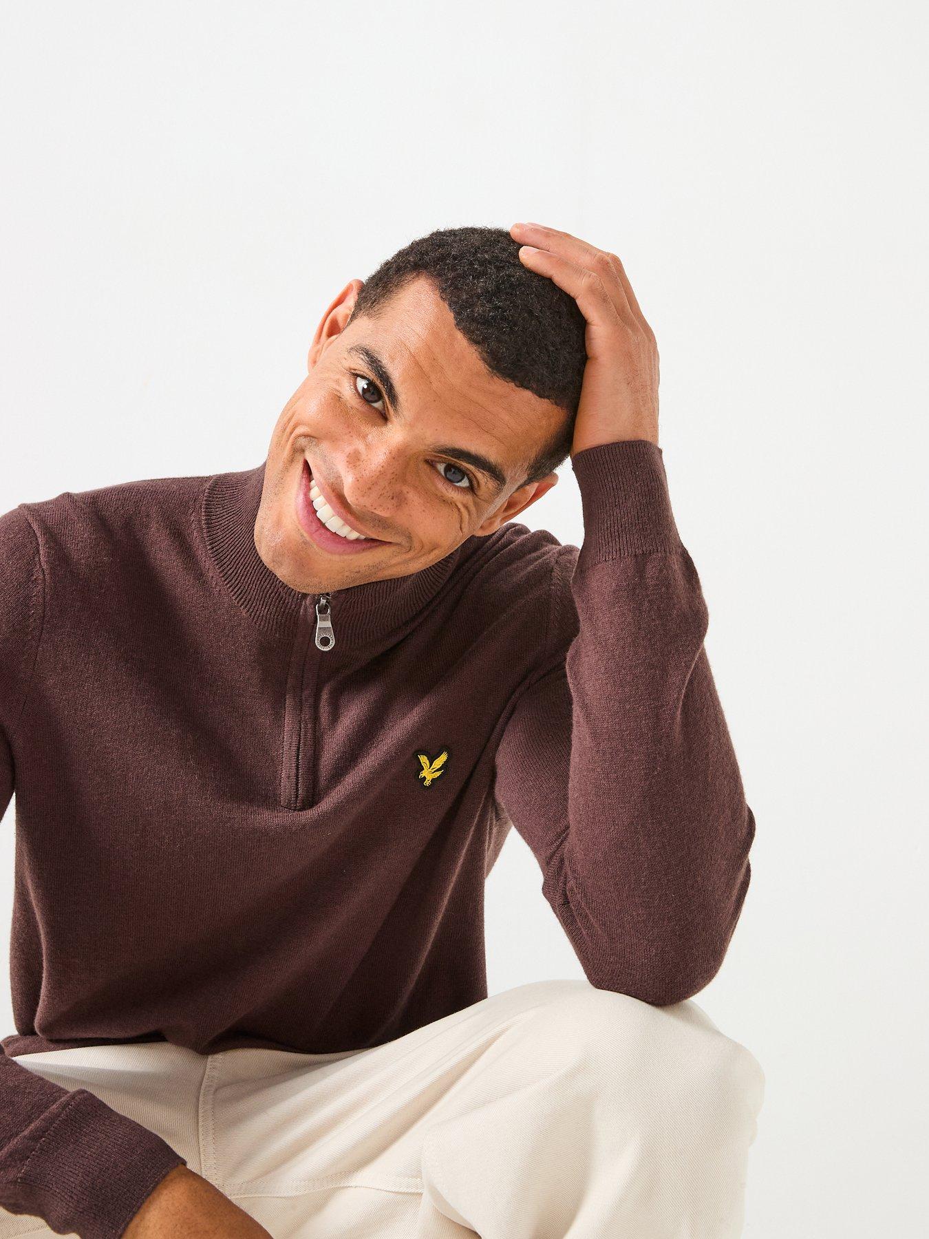  image of lyle-scott-cotton-merino-quarter-zip-jumper--brown