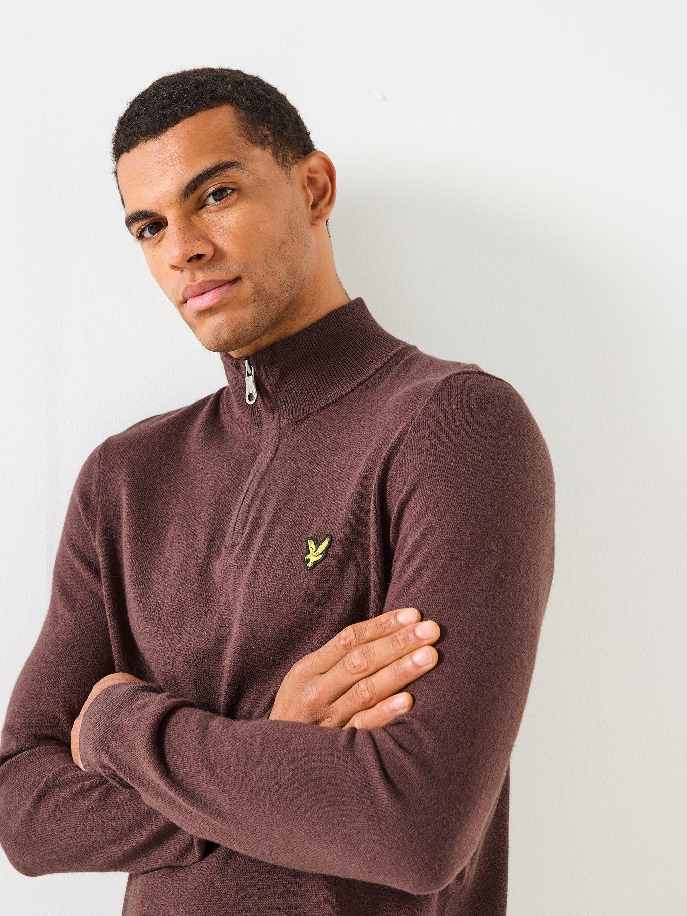  image of lyle-scott-cotton-merino-quarter-zip-jumper--brown
