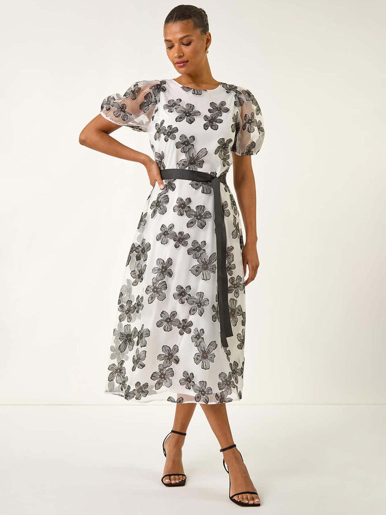 undefined Floral Organza Belted Dress - White
