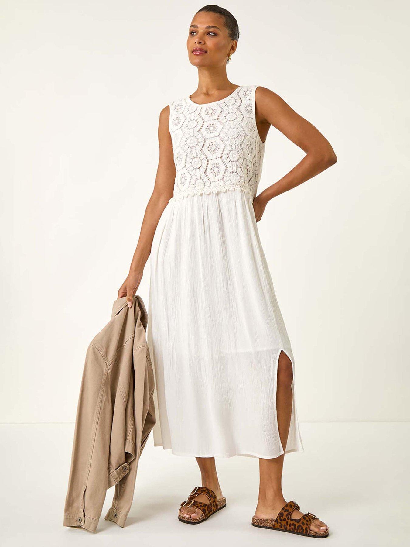 undefined Crochet Bodice Midi Dress - White