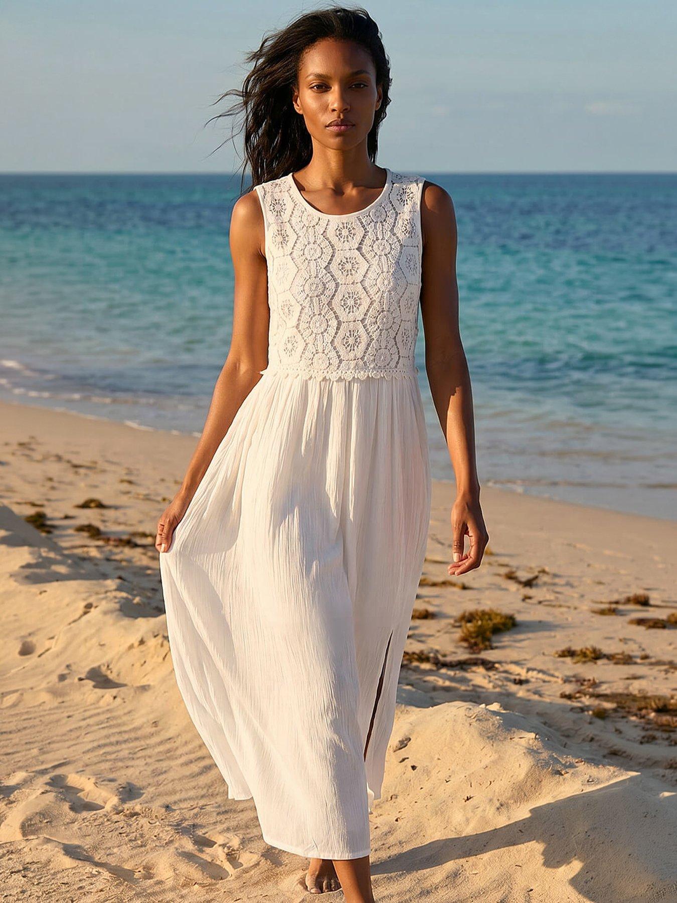 Roman Crochet Bodice Midi Dress - White