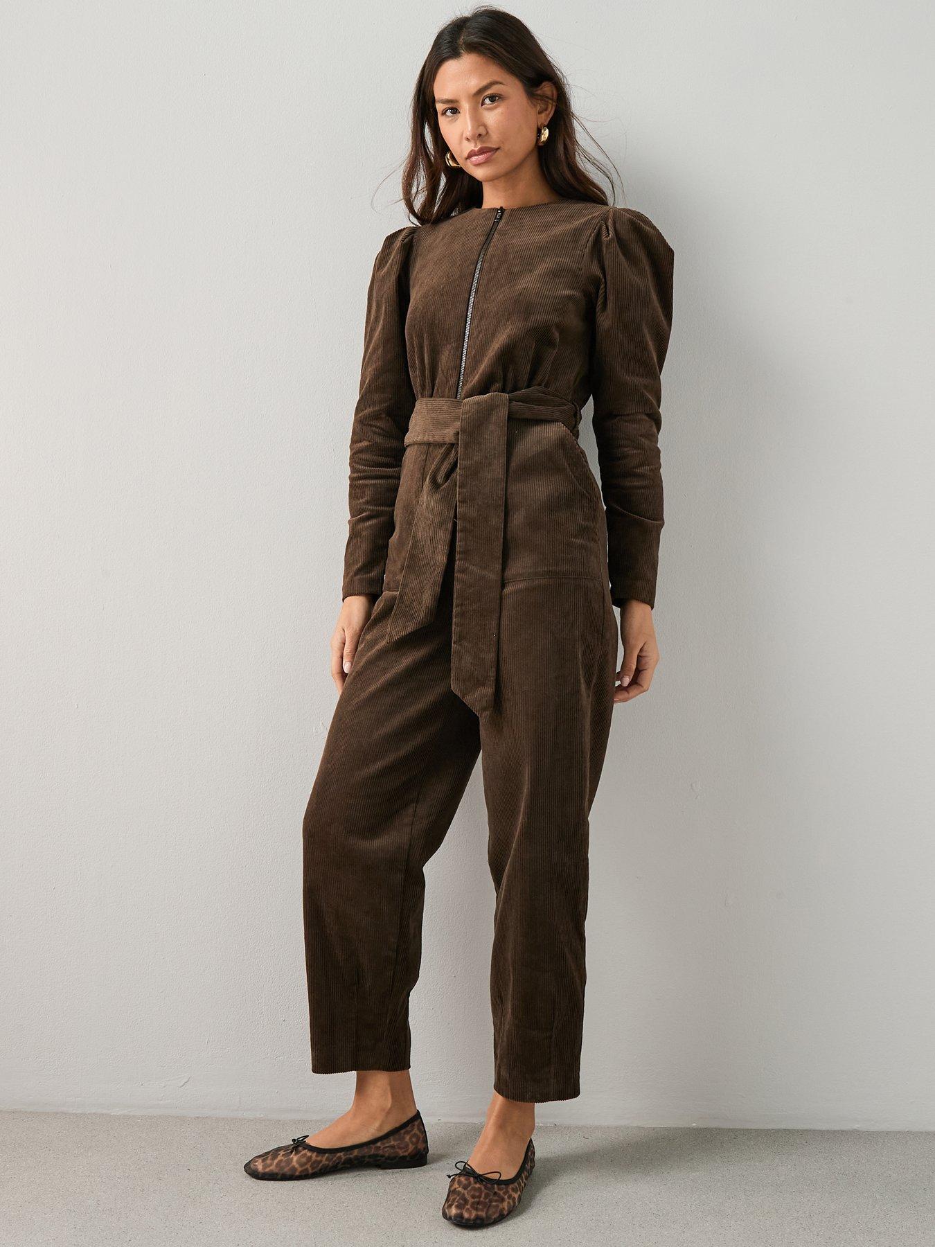 Image 1 of 6 of The Very Collection Corduroy Zip Through Jumpsuit - Brown