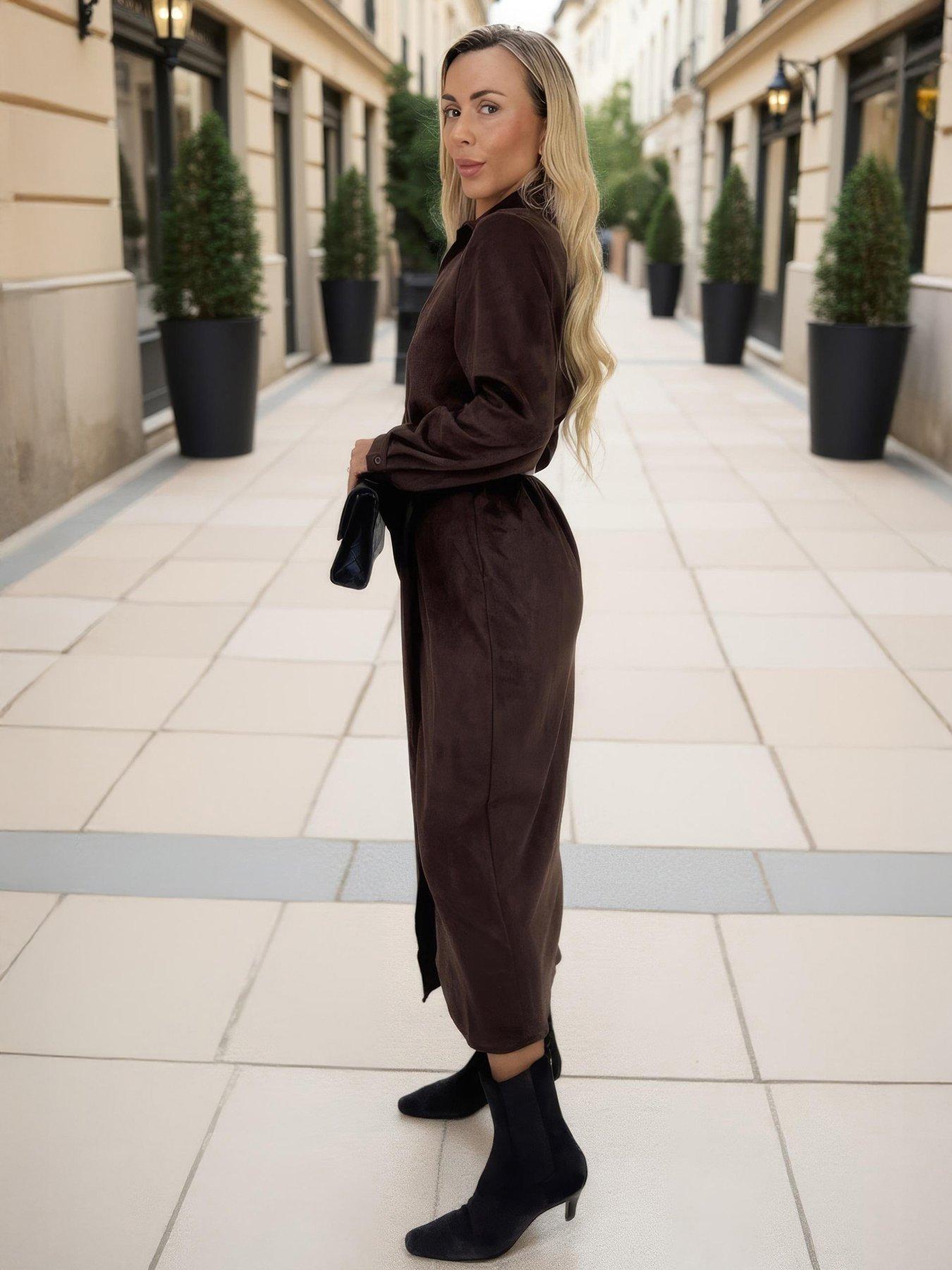 Image 2 of 4 of AX Paris Faux Suede Belted Shirt Dress - Brown