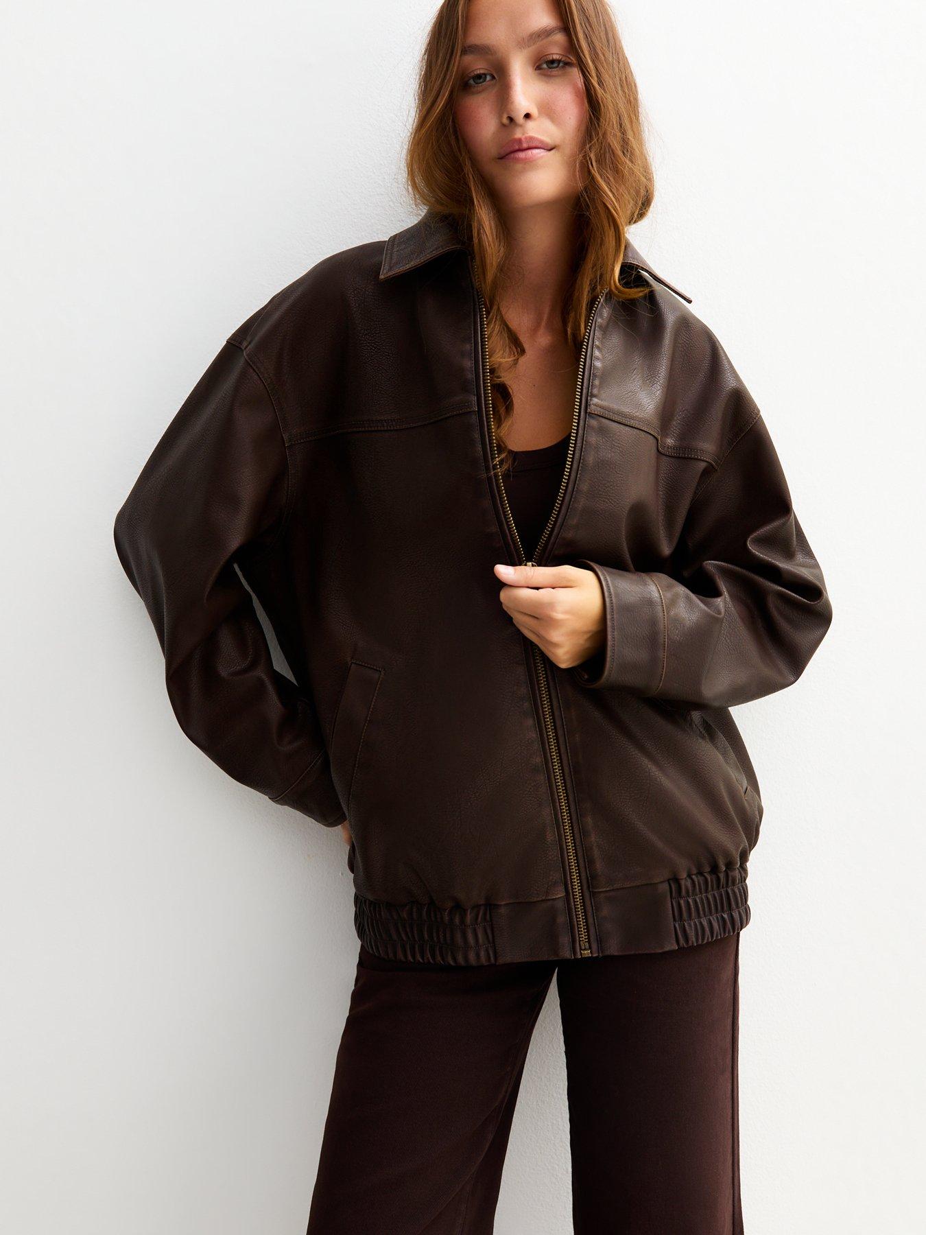Image 1 of 6 of New Look Oversized Washed Faux Leather Jacket - Dark Brown