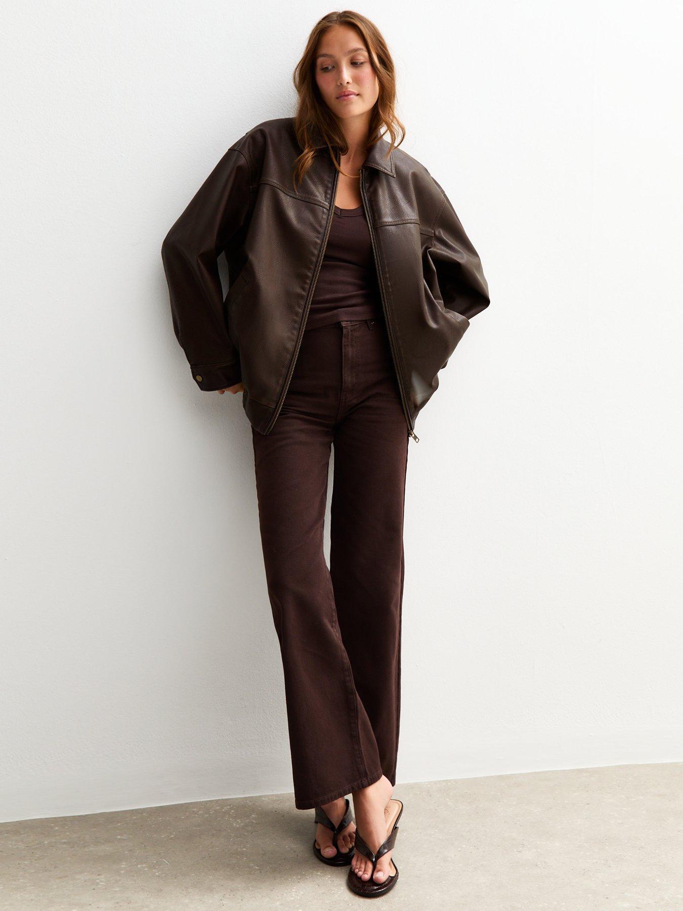 Image 3 of 6 of New Look Oversized Washed Faux Leather Jacket - Dark Brown