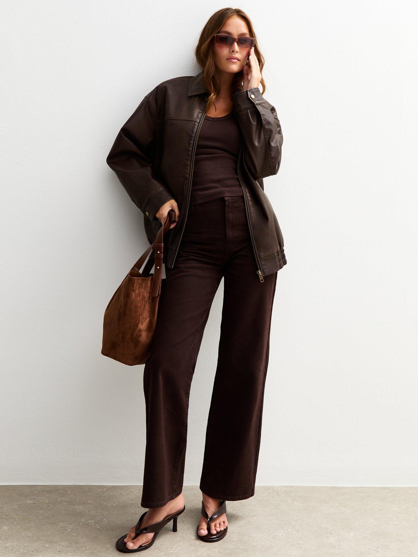 Image 5 of 6 of New Look Oversized Washed Faux Leather Jacket - Dark Brown