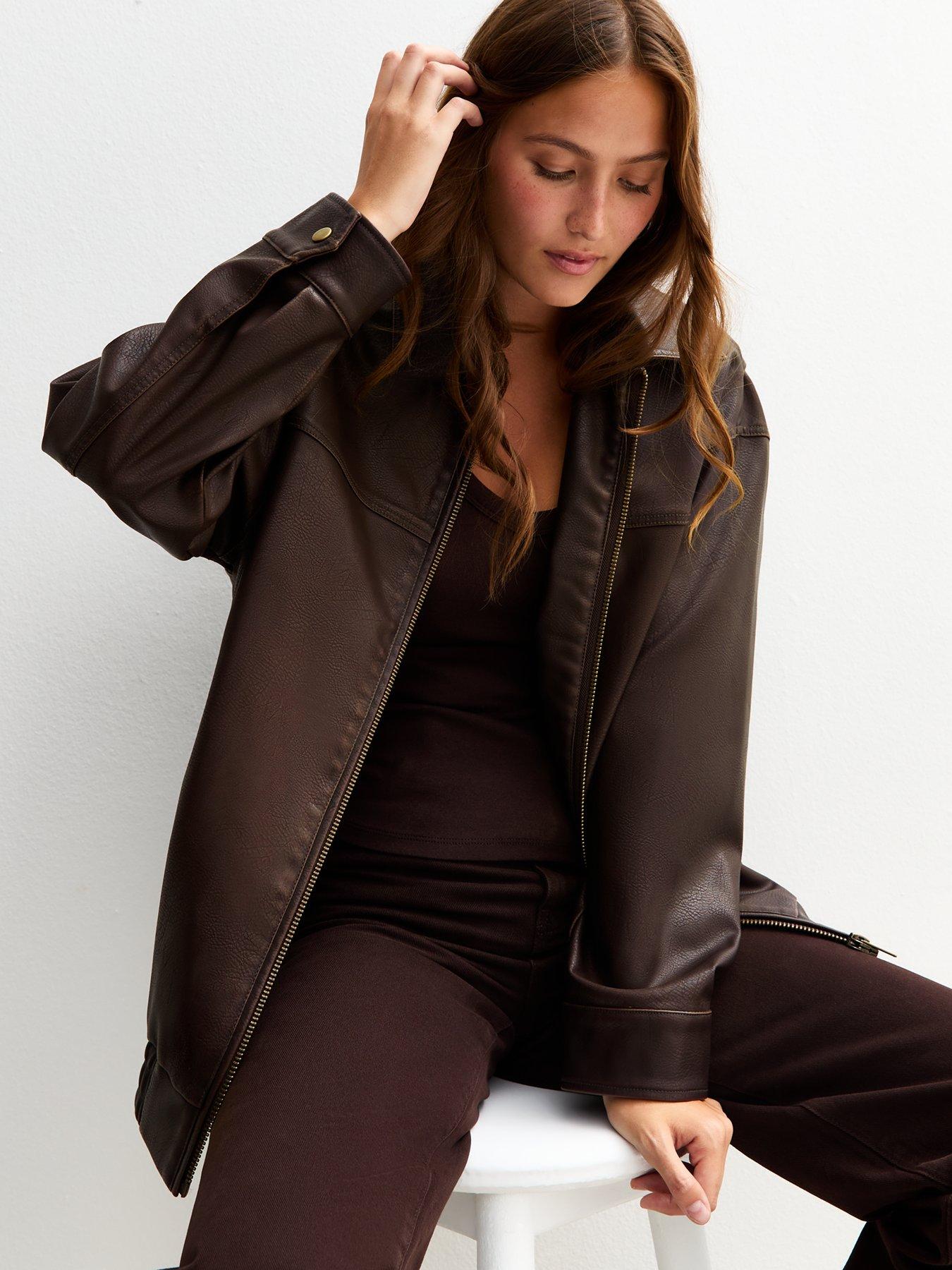 Image 6 of 6 of New Look Oversized Washed Faux Leather Jacket - Dark Brown
