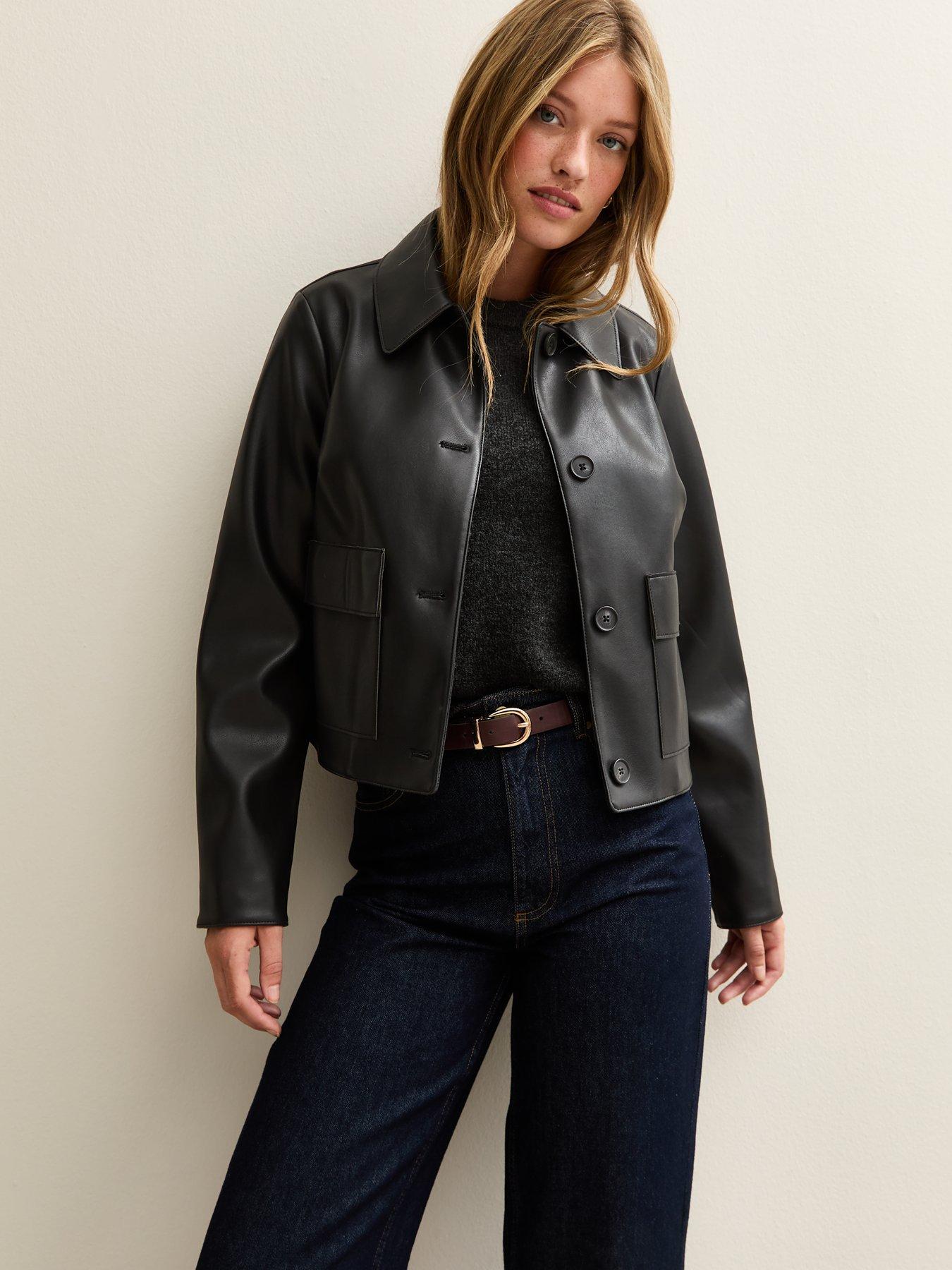 undefined Faux Leather Button Through Patch Pocket Jacket - Black