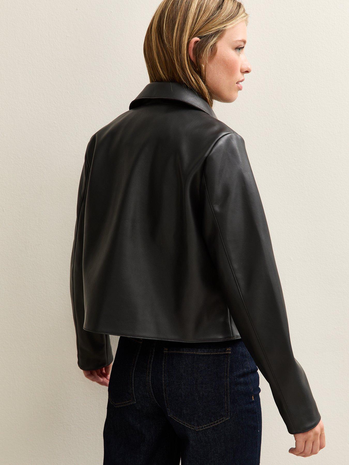 Image 2 of 5 of New Look Faux Leather Button Through Patch Pocket Jacket - Black
