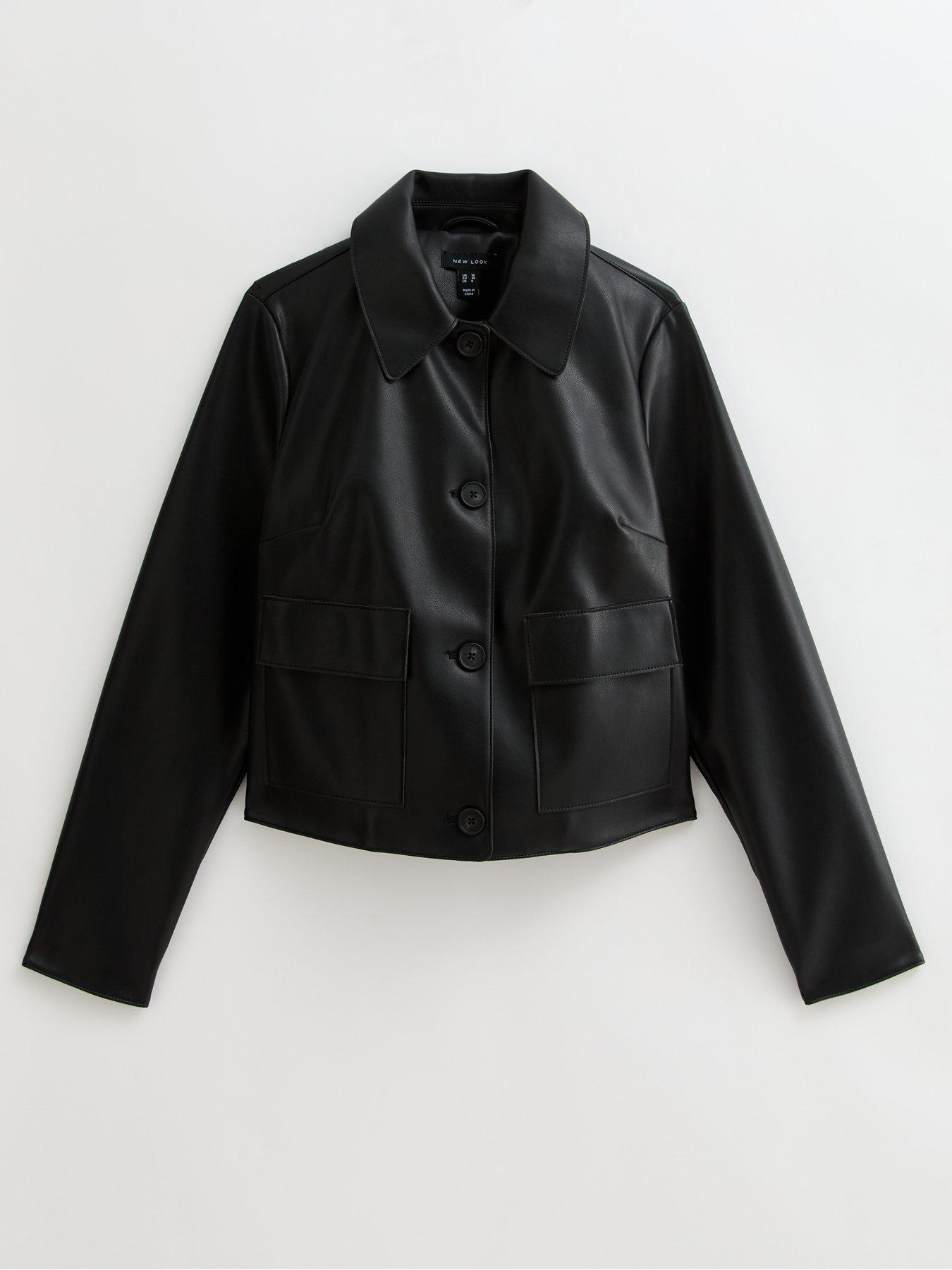 Image 5 of 5 of New Look Faux Leather Button Through Patch Pocket Jacket - Black