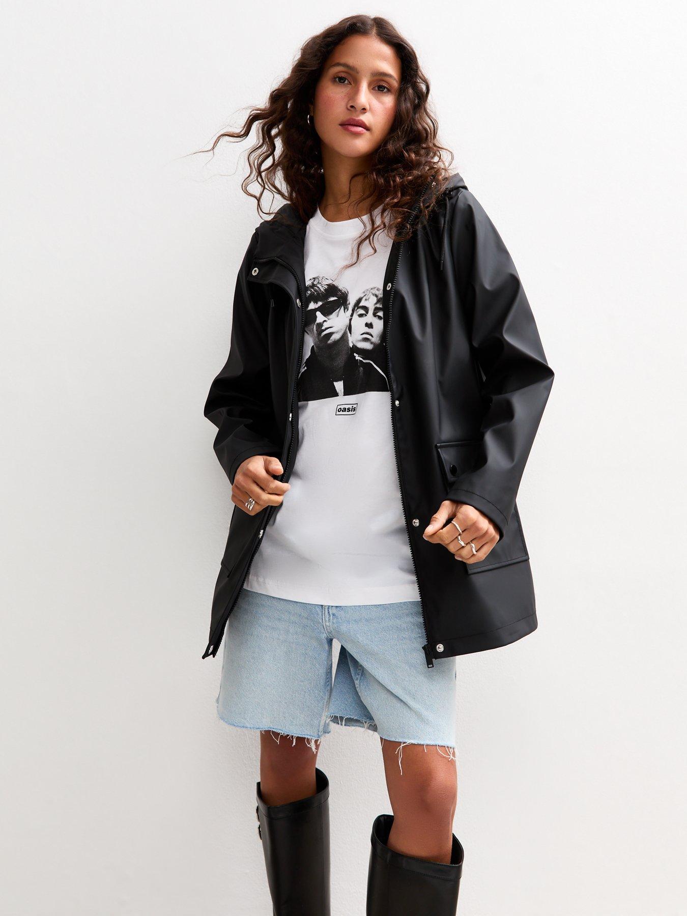 Image 1 of 6 of New Look Water Resistant Drawstring Hood Rain Anorak - Black
