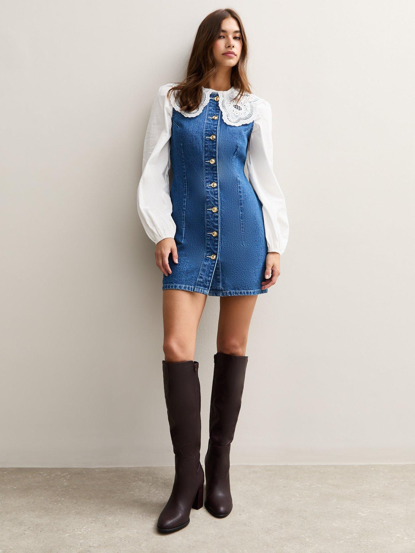 new look denim button dress Newport Dress Denim with Gold Buttons S