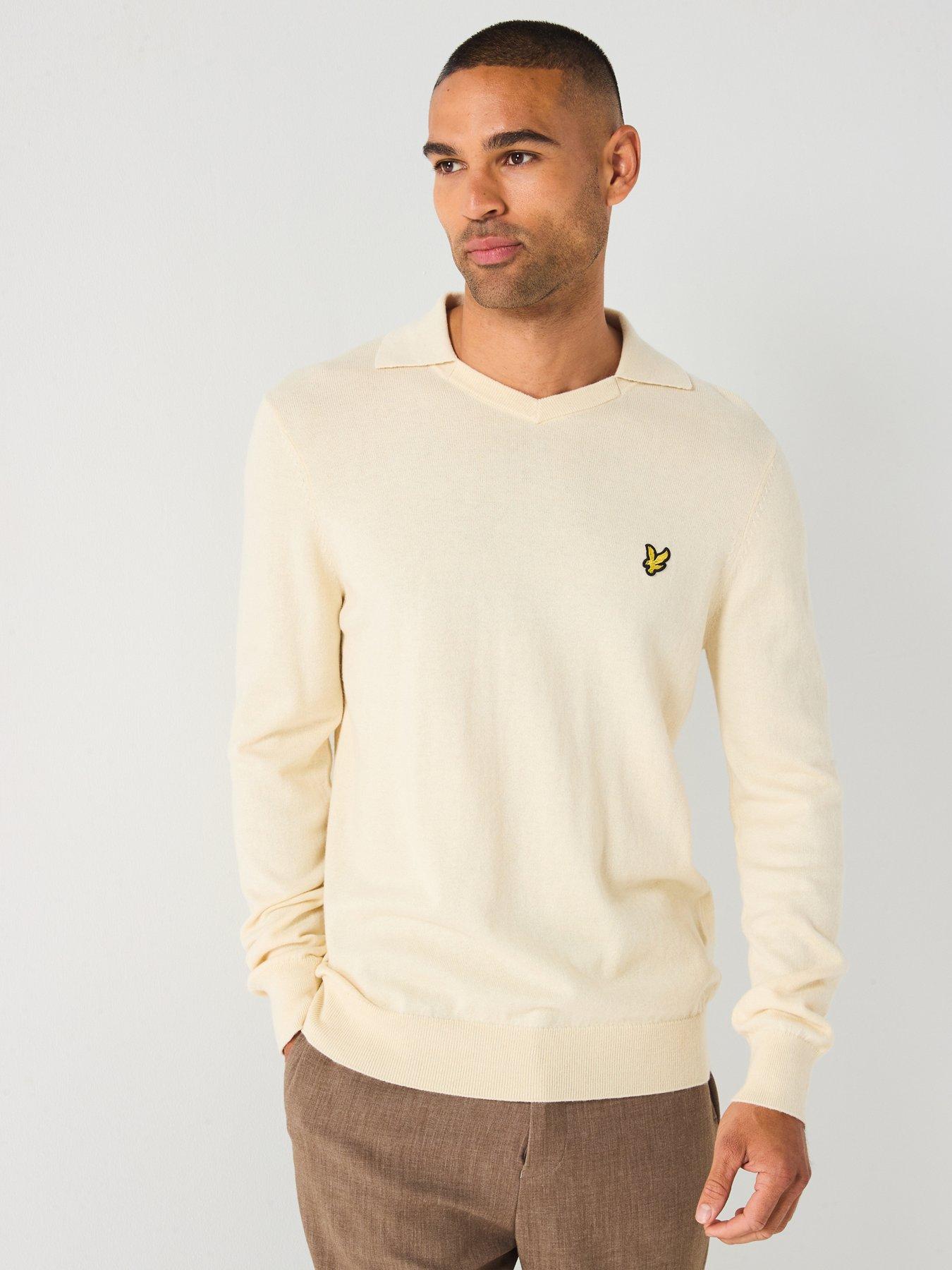 Image 1 of 6 of Lyle & Scott Cotton Merino Football Open Collar Jumper - Cream