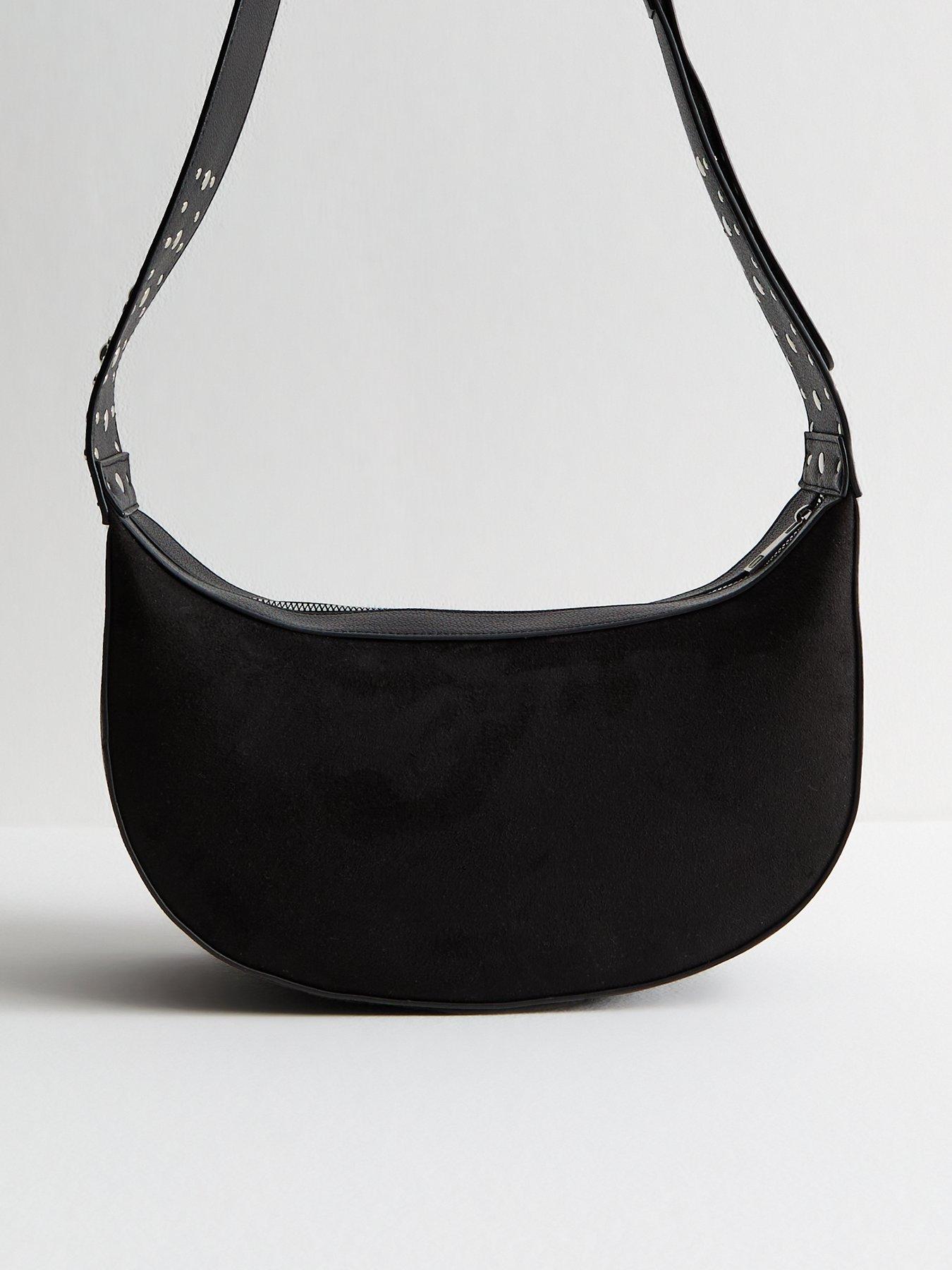 Image 1 of 5 of New Look Faux Suede Studded Strap Sling Crossbody Bag - Black
