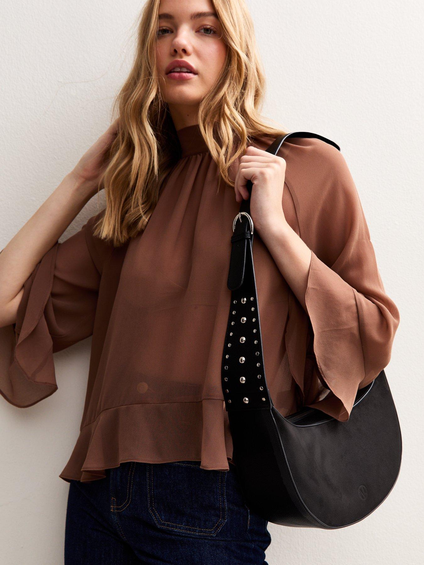 Image 2 of 5 of New Look Faux Suede Studded Strap Sling Crossbody Bag - Black