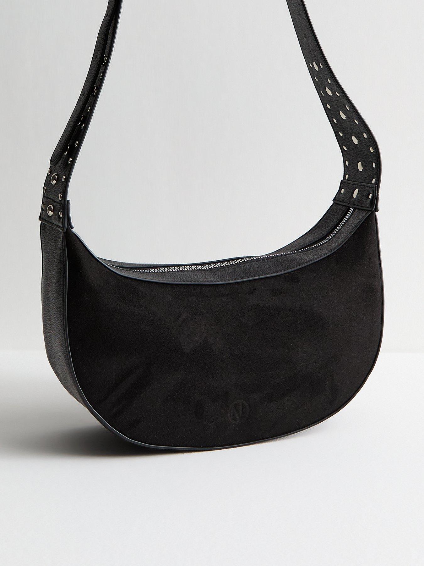 Image 3 of 5 of New Look Faux Suede Studded Strap Sling Crossbody Bag - Black