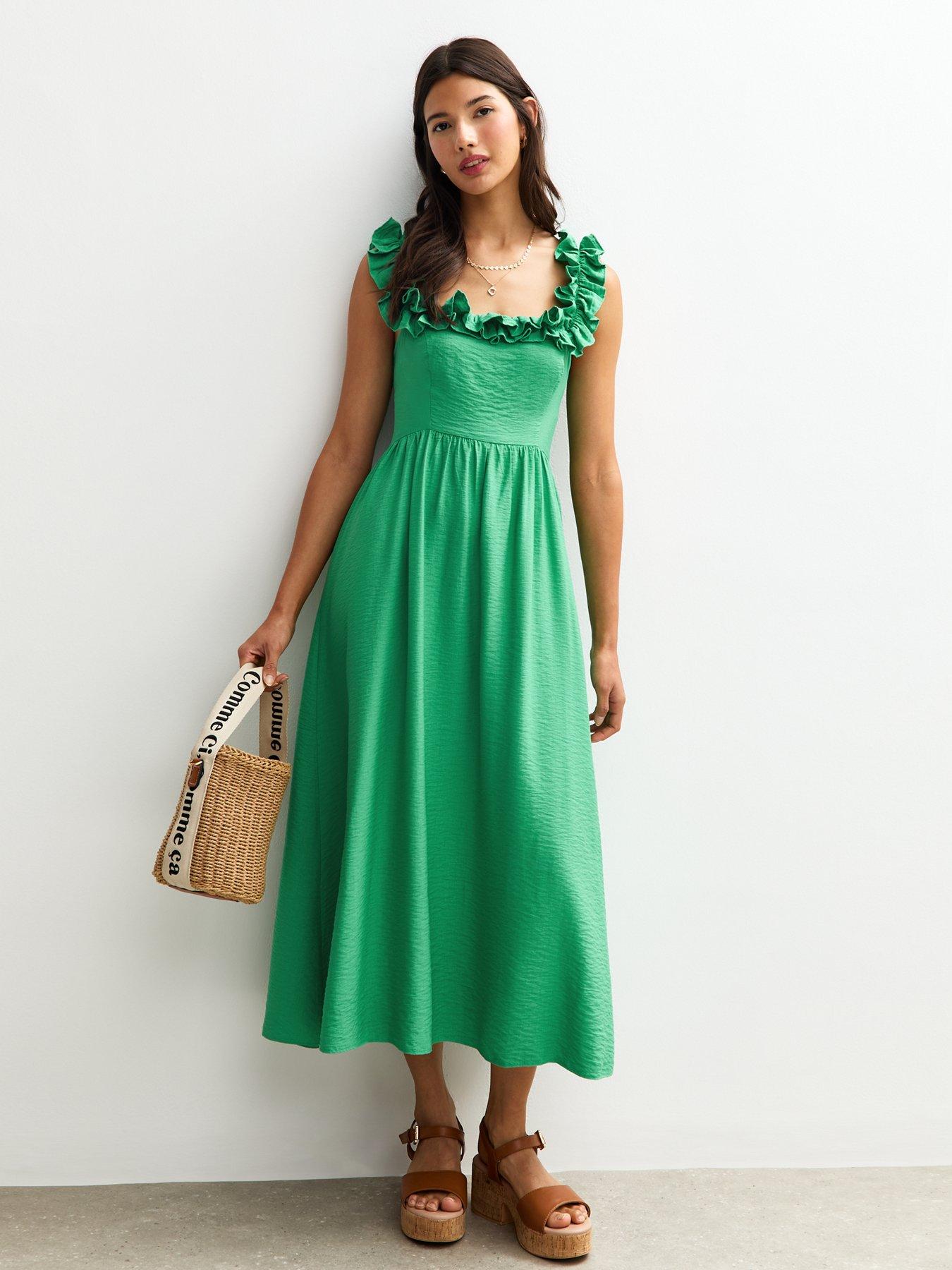 undefined Square Neck Ruffled Bow Tie Back Midi Dress - Green