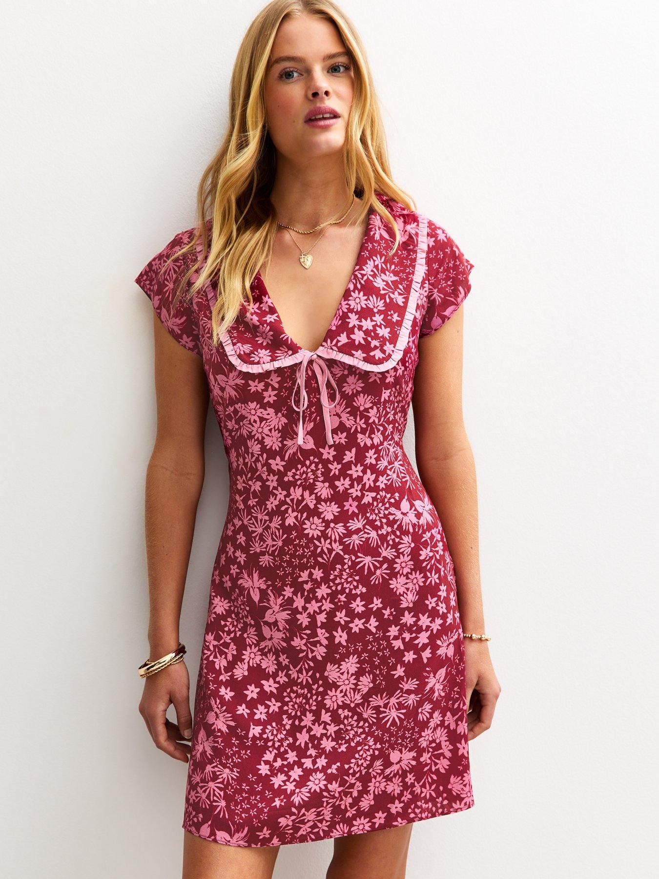 Image 1 of 4 of New Look Floral Print Collared Mini Dress - Burgundy