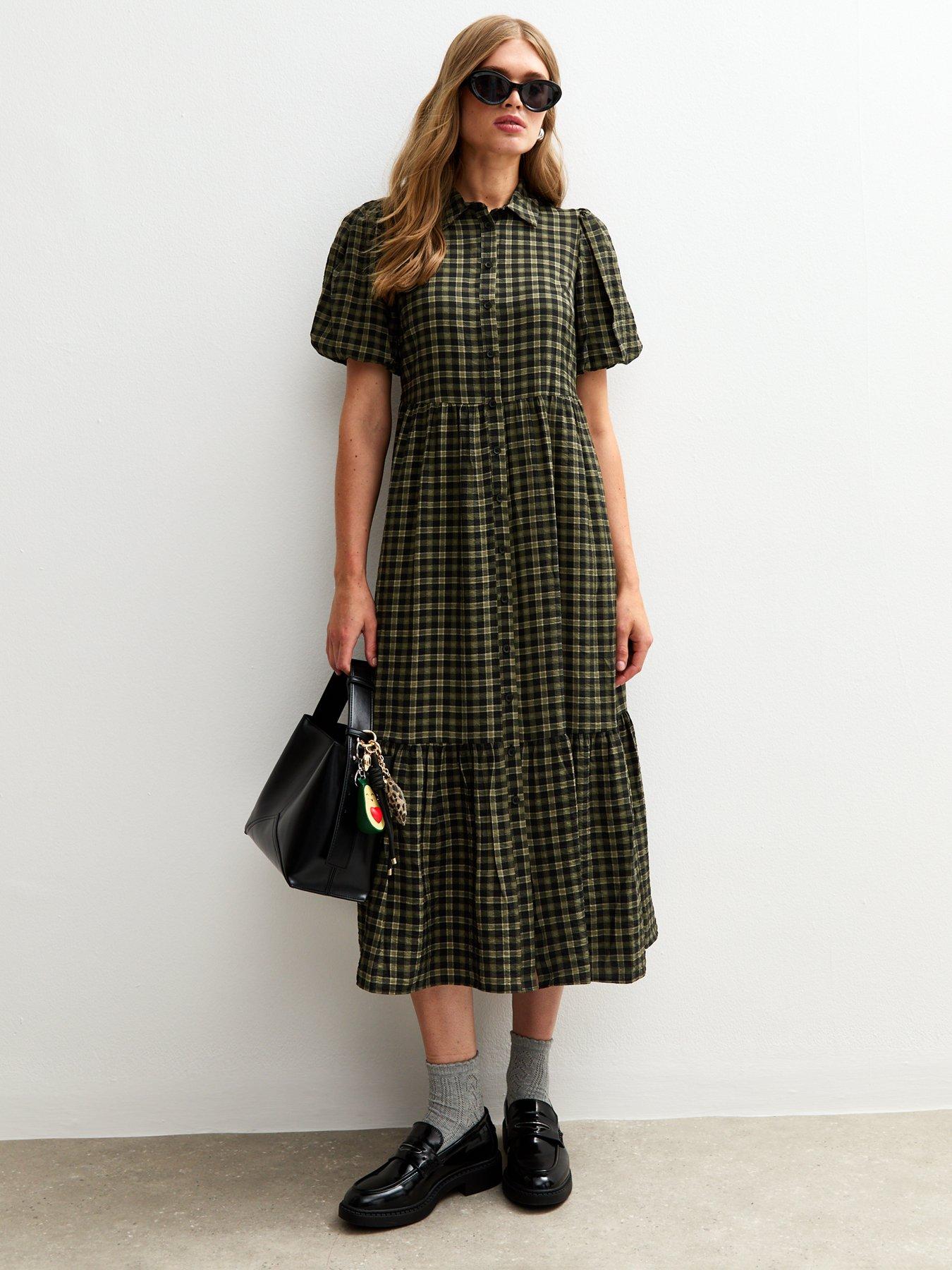 Image 1 of 5 of New Look Check Print Midi Shirt Dress - Green