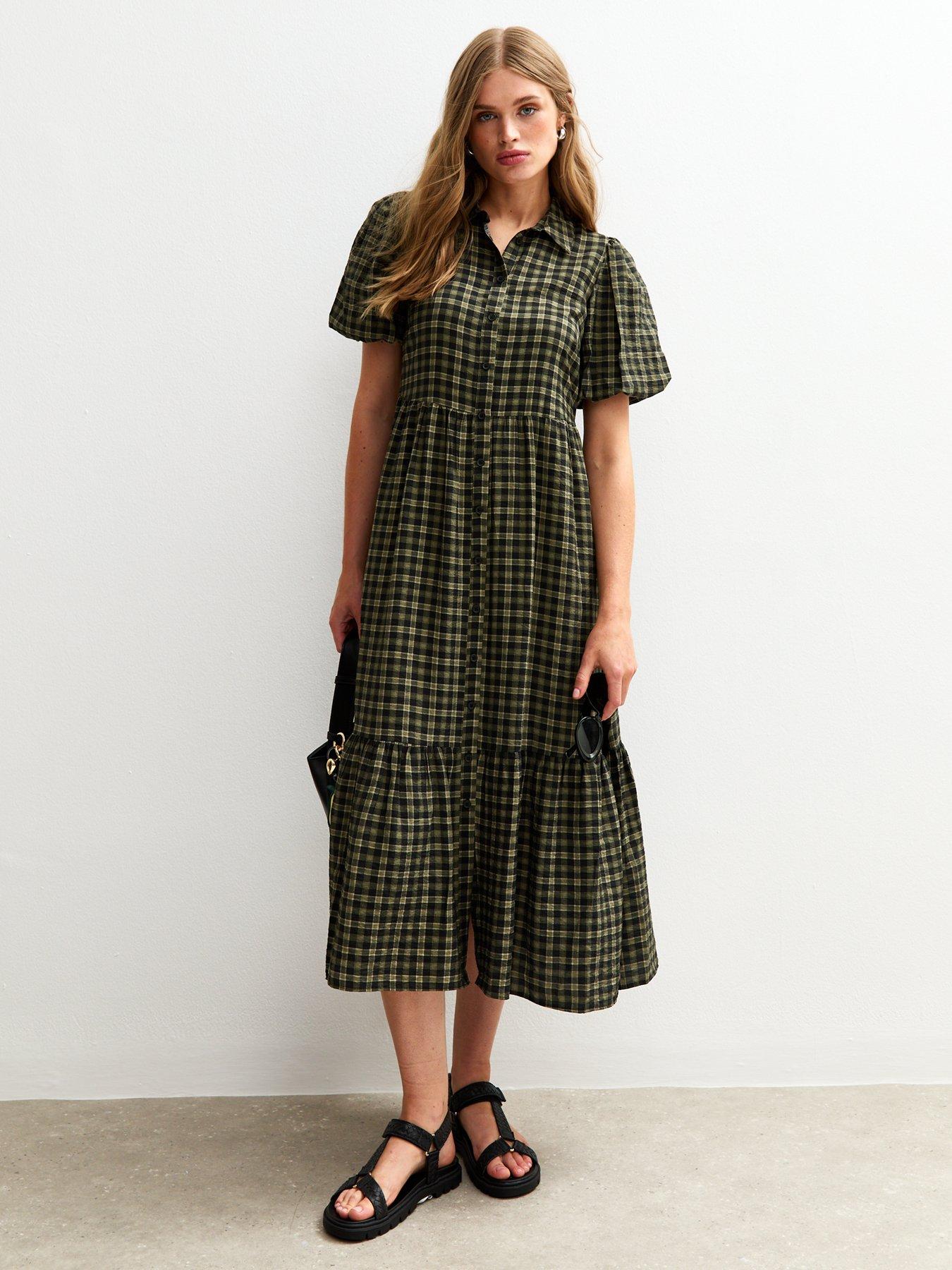 Image 5 of 5 of New Look Check Print Midi Shirt Dress - Green