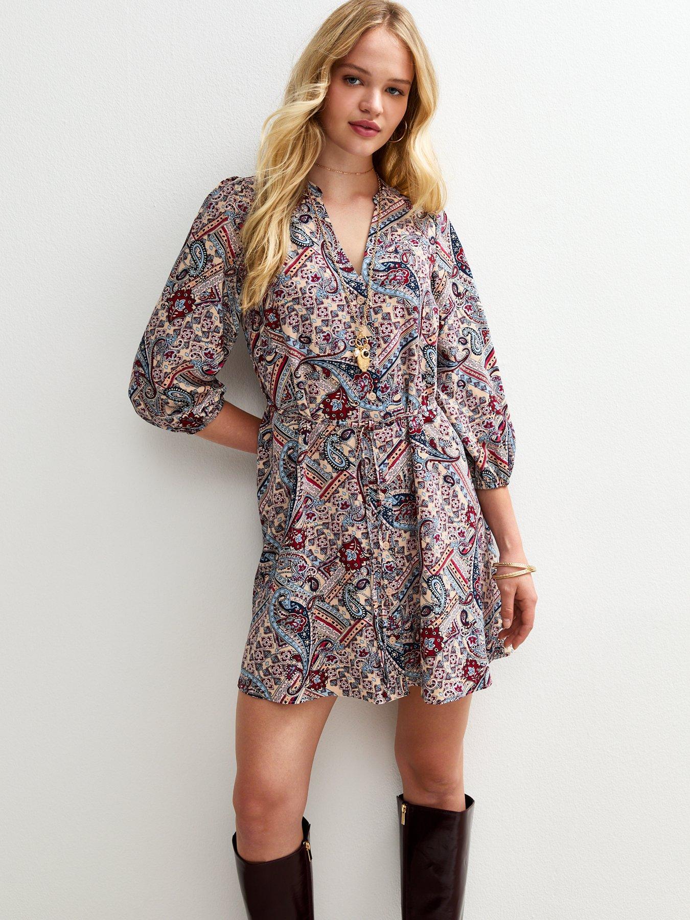 new-look-cream-paisley-print-collarless-shirt-dress-multi