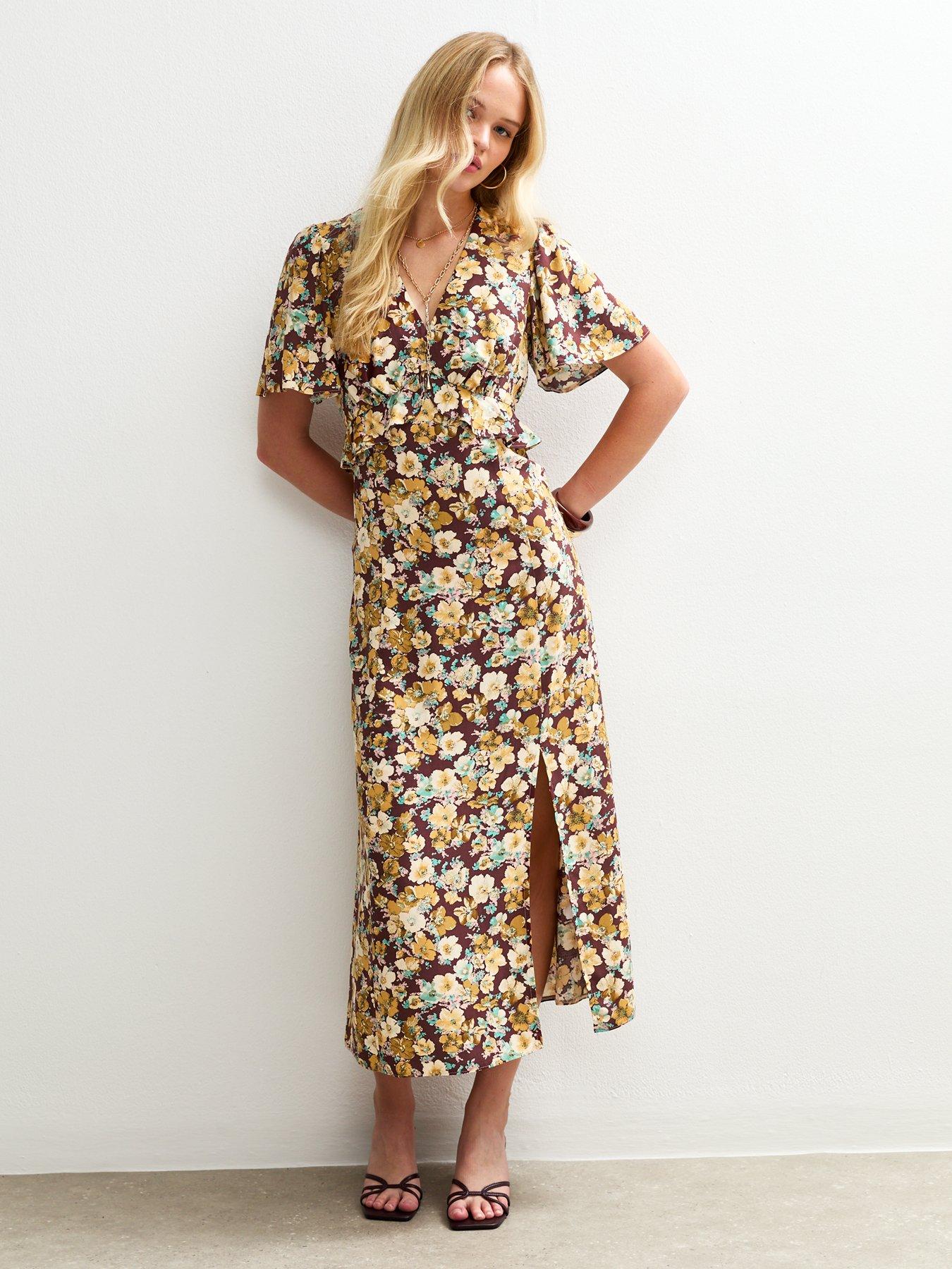  image of new-look-brown-floral-print-ruffle-trim-midi-dress-yellow
