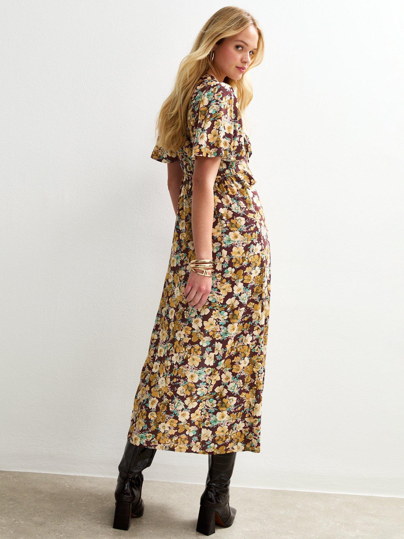 stillFront image of new-look-brown-floral-print-ruffle-trim-midi-dress-yellow
