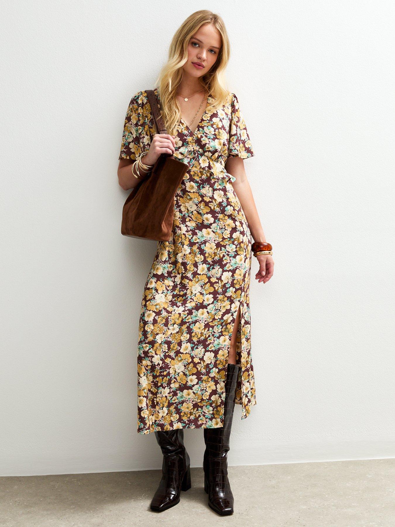  image of new-look-brown-floral-print-ruffle-trim-midi-dress-yellow